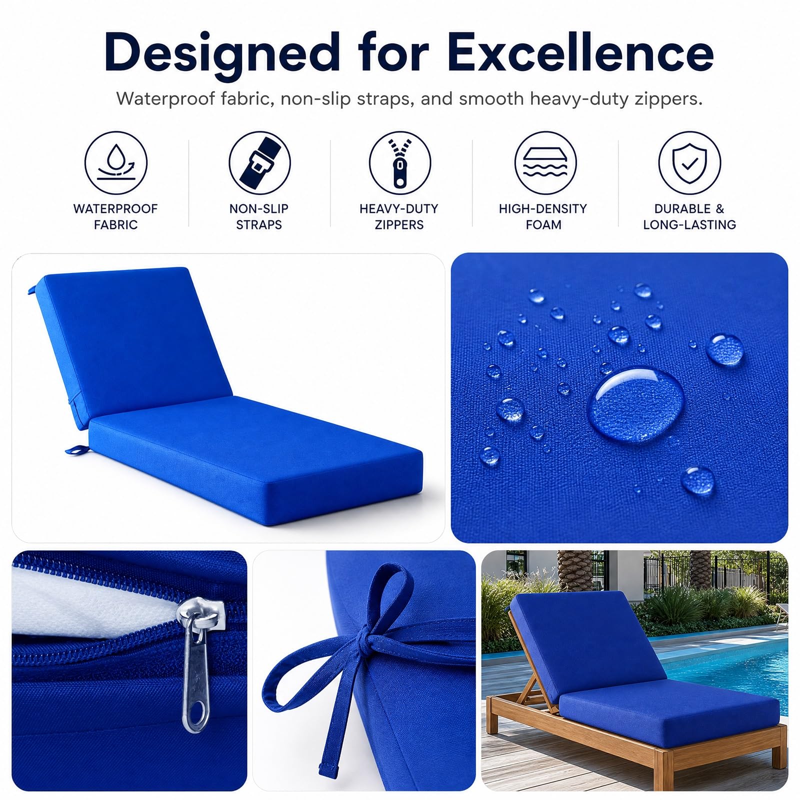 Coussin Bain de Soleil Étanche, Coussin Transat avec Sangles, Coussin Transat Exterieur UV Polyester, Matelas Bain de Soleil Pliable Démontable pour Chaise Longue(White,190 X 60 X 3cm)