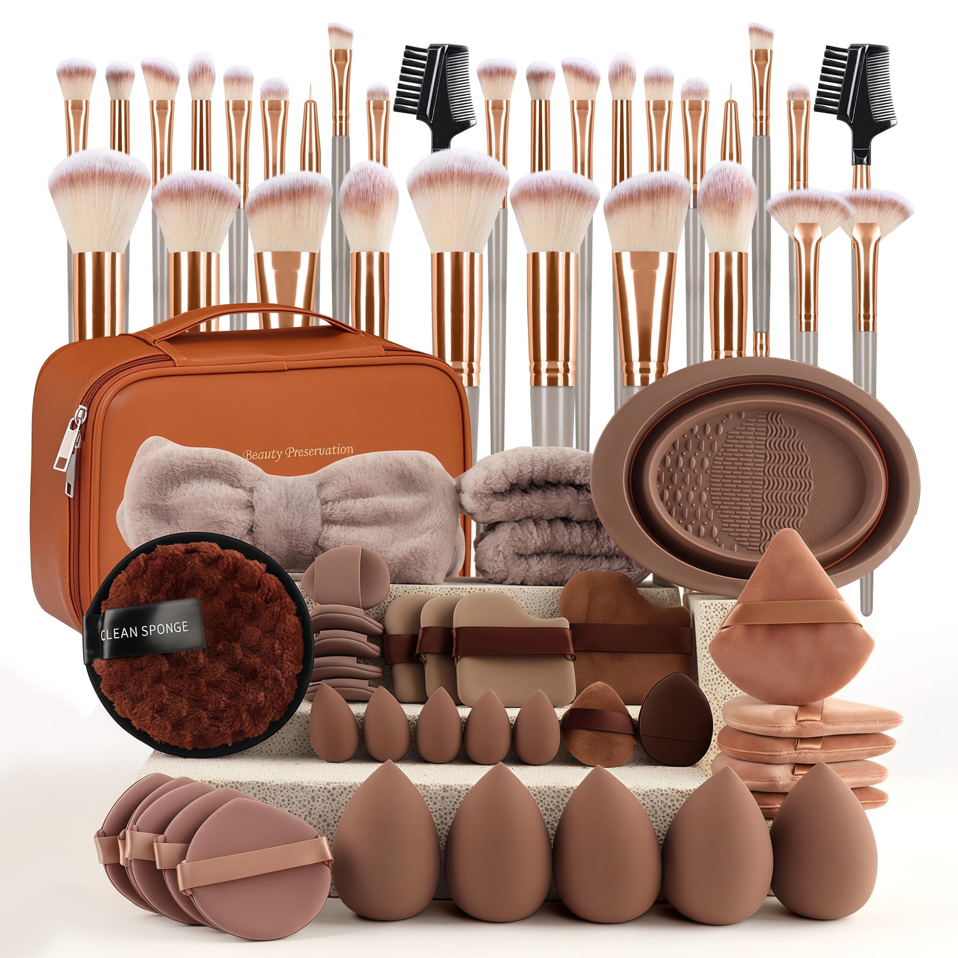 67PCS Pinselset Makeup Professionelles & Gesichtspflege-Set | Make up Pinsel set für Frauen mit Beauty-Schwämmen, Aufbewahrungstasche | Komplett-Set für Foundation, Lidschatten(braun)