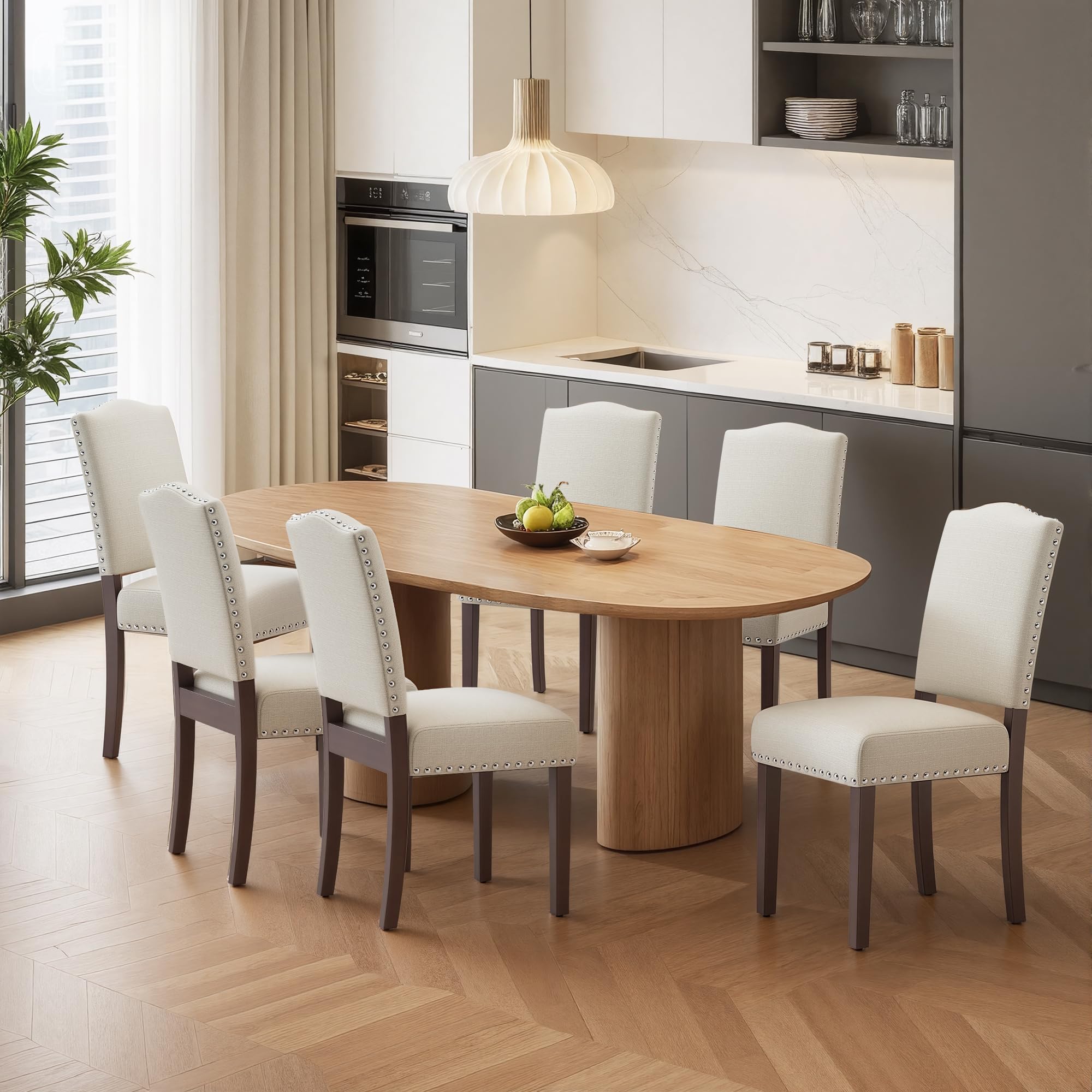 - Upholstered Dining Chairs Set of 6 with Thickened Seat Cushion, Wooden Mid-Century Modern Fabric Farmhouse Kitchen Chairs for Dining Room Living/Restaurant/Reading Room(Beige)