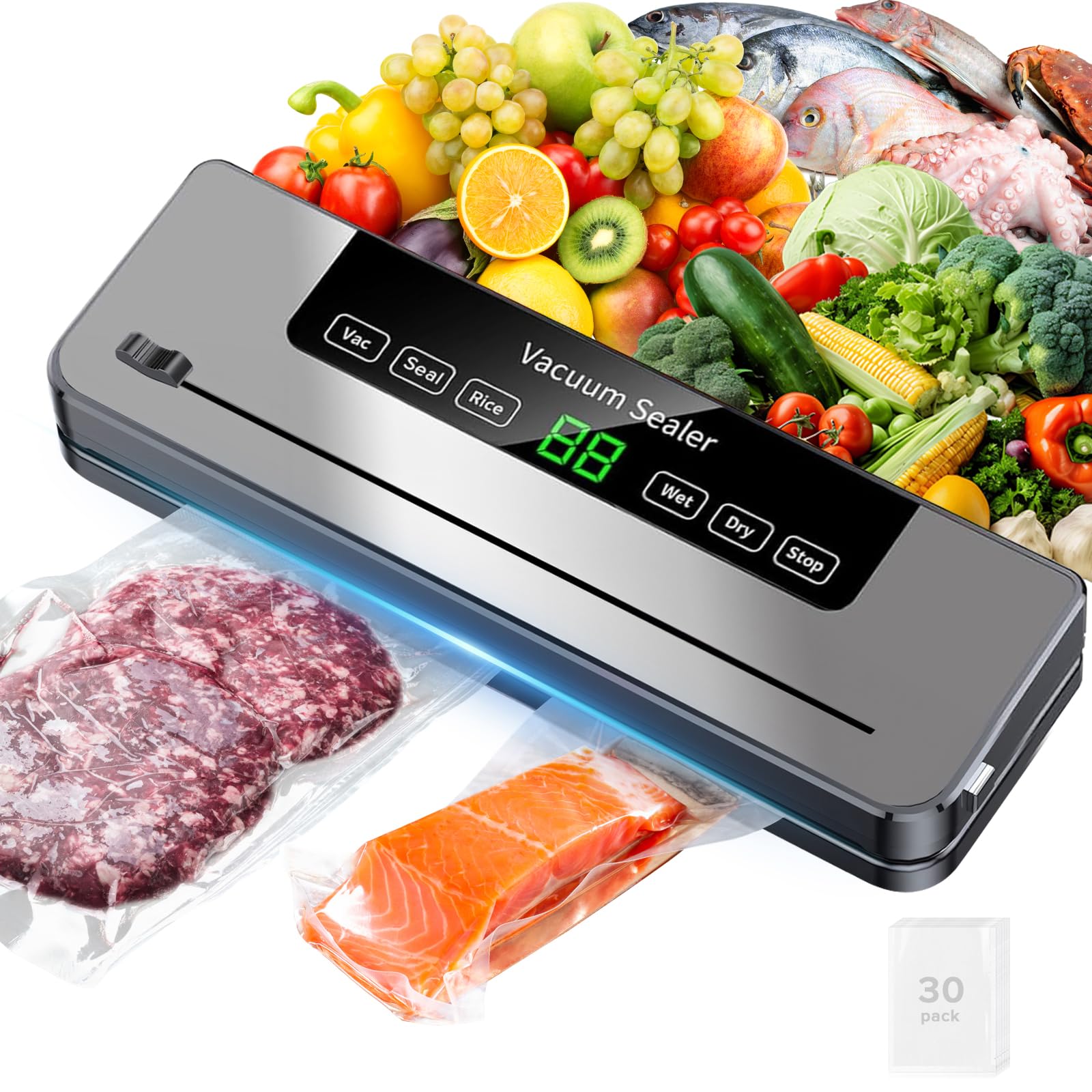Necomi Vacuum Sealer, 6-in-1 Automatic Sealing Food Saver Machine with 30Pcs Sealing Bags, Dry & Moist Sealing Modes, Built-in Cutter,for Food Fresh and Storage