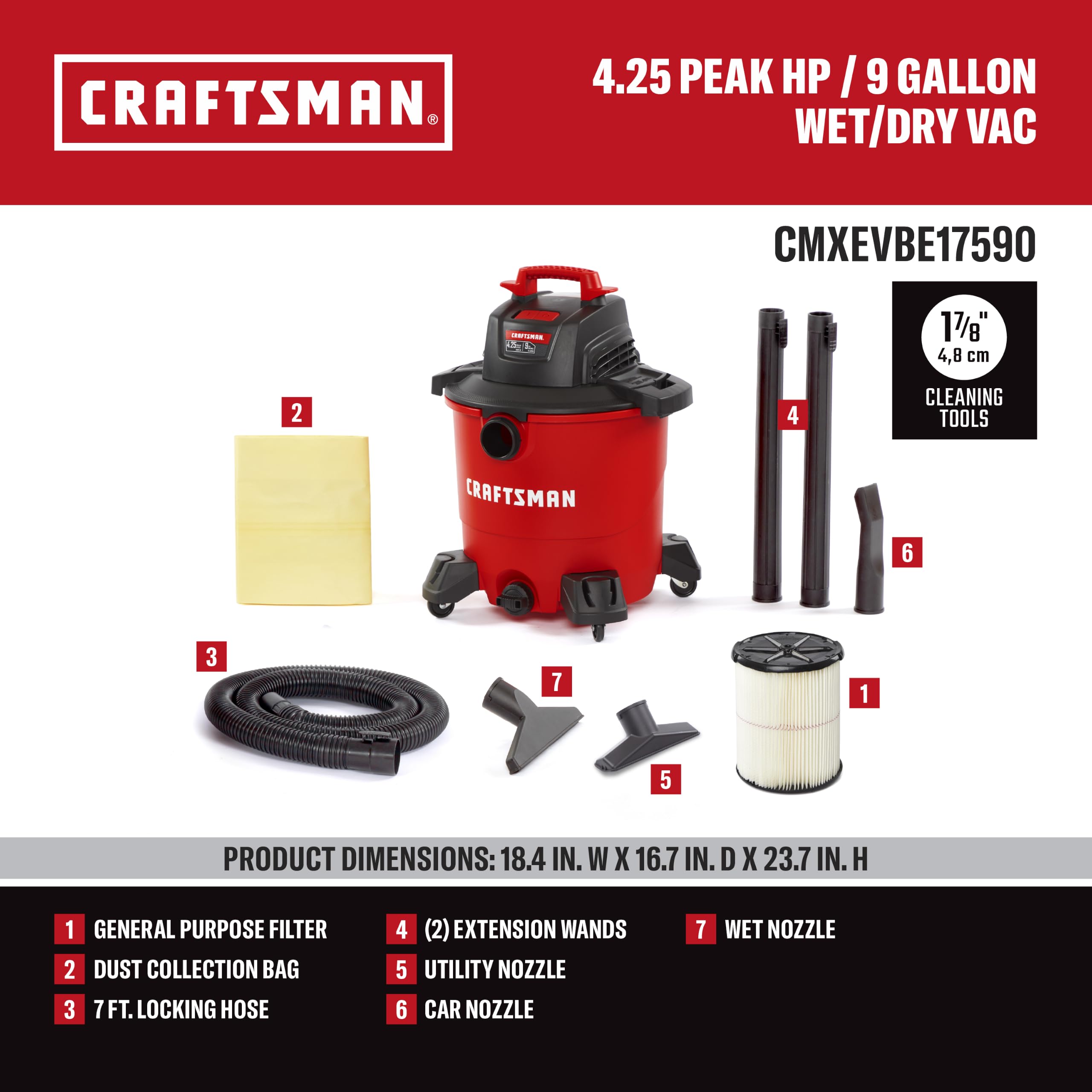 CRAFTSMAN CMXEVBE17590 Przenośny odkurzacz warsztatowy do pracy na mokro i sucho, pojemność 34 l, moc szczytowa 4,25 KM, z filtrem, workiem na kurz, wężem i akcesoriami, do domu, garażu i samochodu