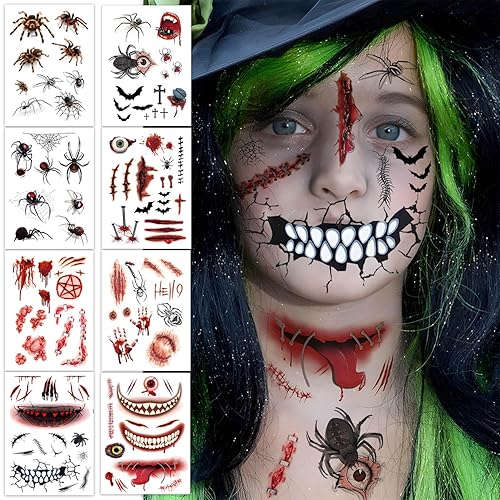 Tatuajes temporales de gran tamaño, 10 hojas de tatuajes de cosplay de Halloween, tatuajes temporales realistas de boca grande, tatuaje de cicatriz,