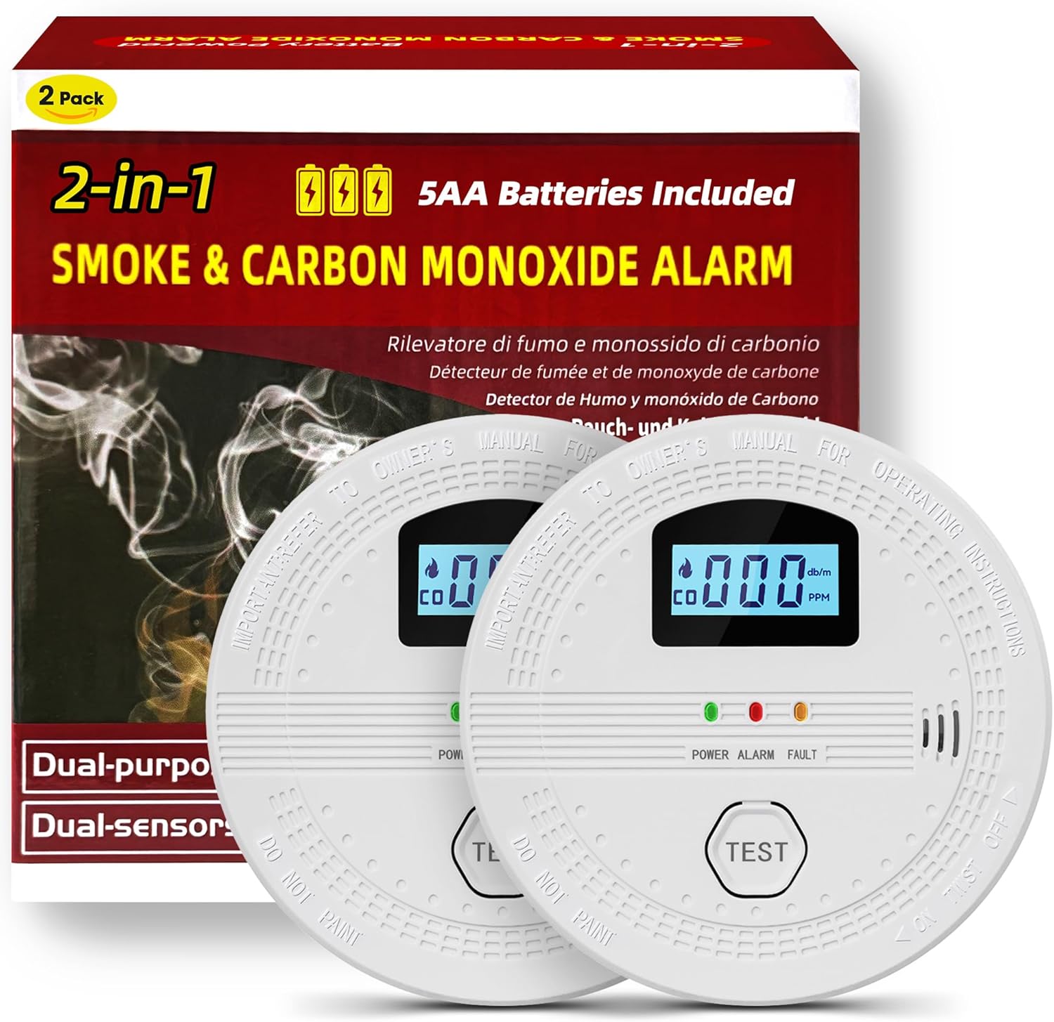 2 Pack Carbon Monoxide and Smoke Detectors,10-Year Battery Operated Carbon Monoxide Smoke Detector Combo with Test Button and LCD Display, Fire Alarm Smoke Detector for Home, Travel, Office