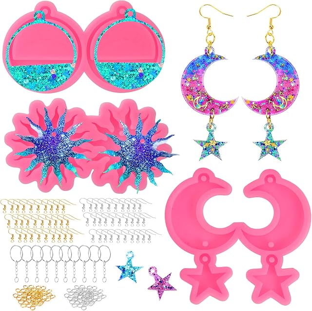 173PACK Silicone Resin Earring Mold -Sun Moon Stars Ring Resin Casting Molds with Hole, DIY Epoxy Resin Jewelry Making Kit for Women Earrings Crafts/ Jewelry Making/ Necklace/ Pendant/ Keychains
