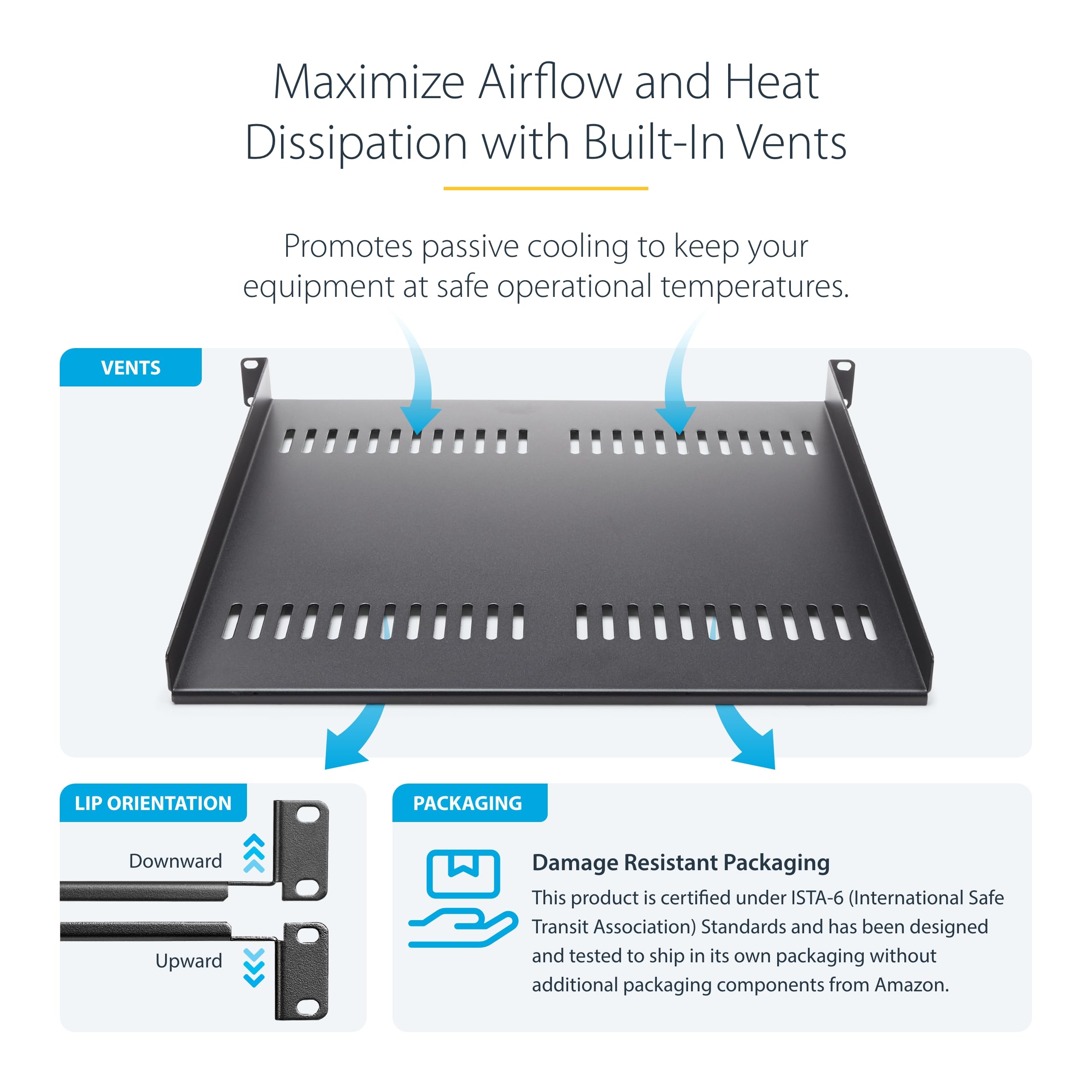 StarTech.com Bandeja Estante Ventilado de 1U para Armario Rack de Servidores de 19 Pulgadas - de 16 Pulgadas de Profundidad - de Acero de Servicio Pesado - con 20kg de Capacidad - Negro (CABSHELF116V)