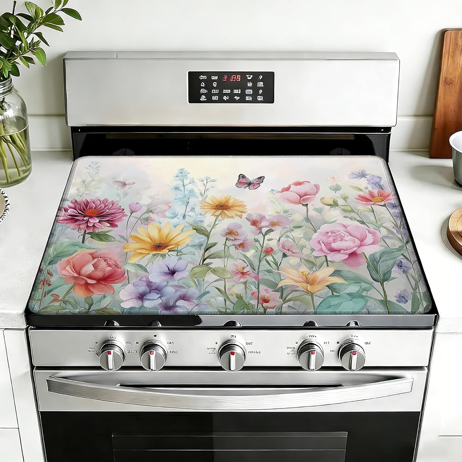 Wildflowers Spring Electric Stove Top Cover,Butterfly Stove Top Cover for Electric Heat Resistant Mat for Gas Cooktop Kitchen Washable Countertop Protector Mat 28.5×20.5in
