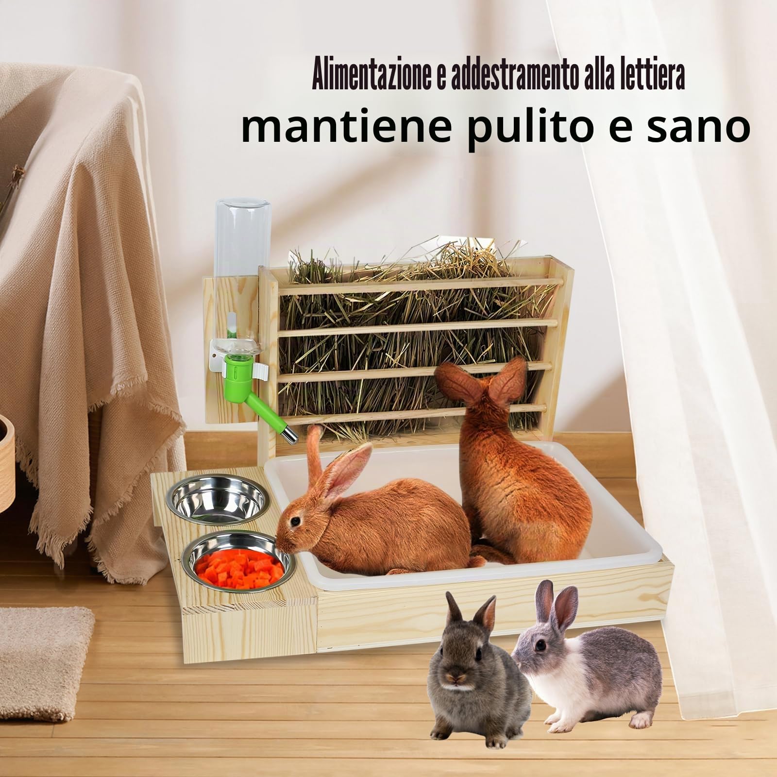 Grande mulinello da fieno multifunzione con wc, trogolo in legno per conigli, mulinello da fieno, completo di abbeveratoio e ciotola, adatto per conigli, porcellini d'India, criceti, piccoli animali