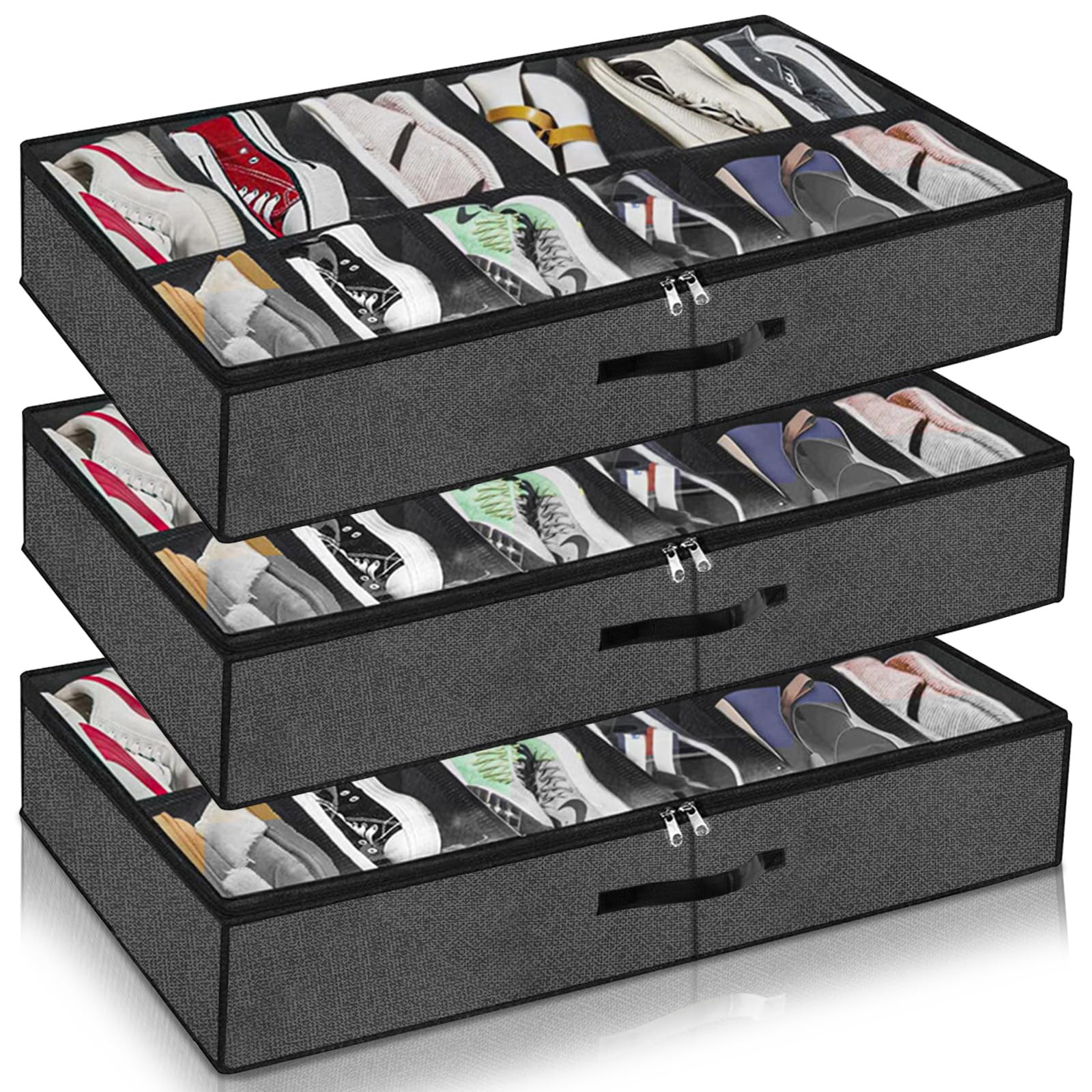 DAJAVE 3 unidades de cajones para debajo de la cama para zapatos con tapa transparente, sistema de almacenamiento de zapatos con 36 compartimentos, organizador de zapatos debajo de la cama, caja de