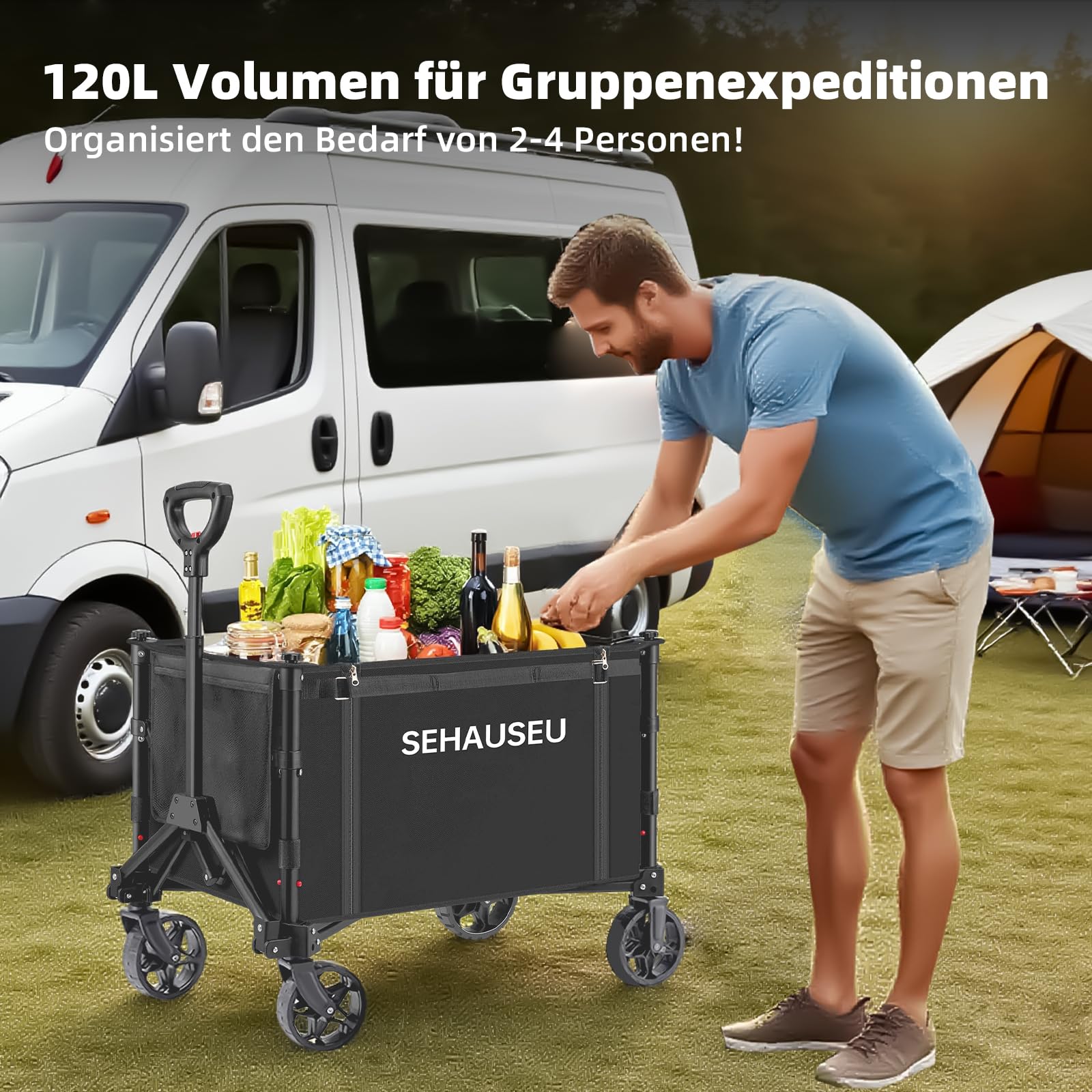 Wózek kempingowy składany z hamulcami, wózek plażowy na dużych kołach terenowych, chowany uchwyt, wózek ogrodowy, Heavy Duty 600D, 120 l, 100 kg, na zakupy, piknik, kemping, do transportu, czarny