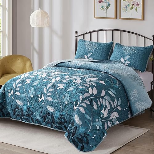 Miniatura 2 de WONGS BEDDING Juego de edredón California King, juego de colcha de 3 piezas con hojas botánicas florales verde azulado con 2 fundas de almohada para