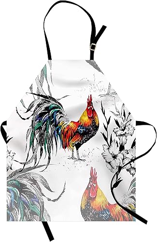 Lunarable Delantal Gallus, gallos Crowing Sound Siluetas y flores, Insecto Mariposa de pie, plumaje, babero de cocina unisex con cuello ajustable