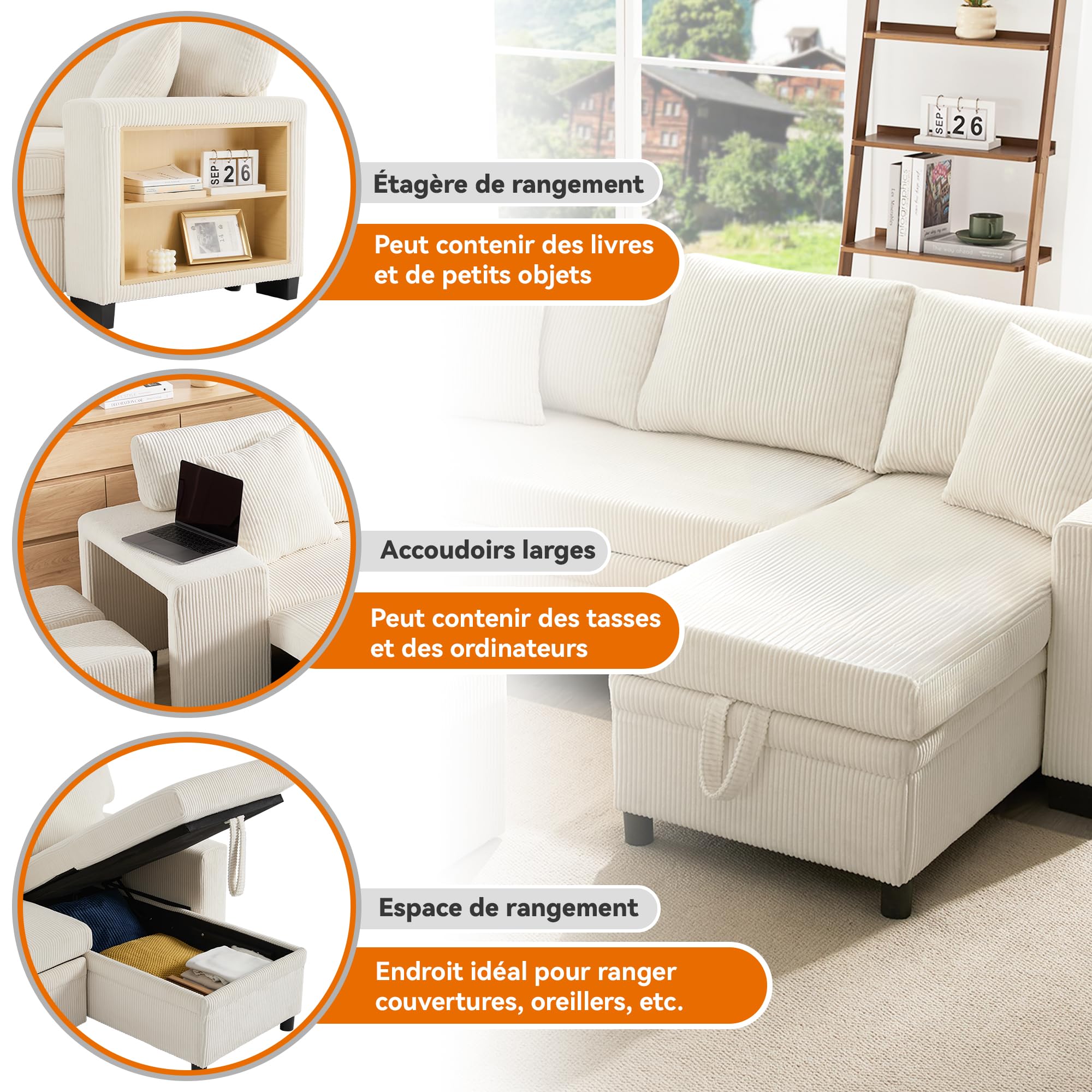 Canapé d'angle convertible pliant,avec port de charge USB et coussins,canapé convertible 3 places tissu avec fonction couchage,canapé lit 3 places avec étagères latérales et espace de rangement beige