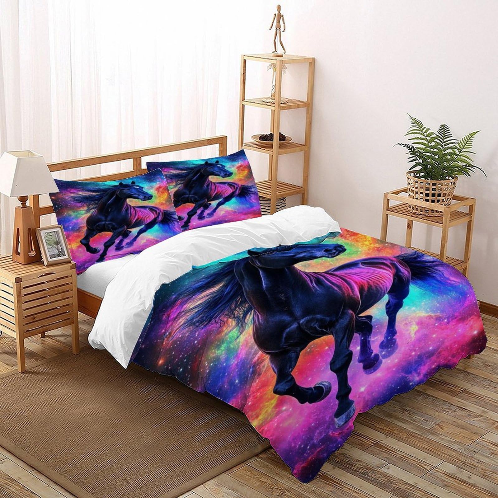 Housse de couette cheval galaxie 260x220cm avec 2 taies d'oreiller