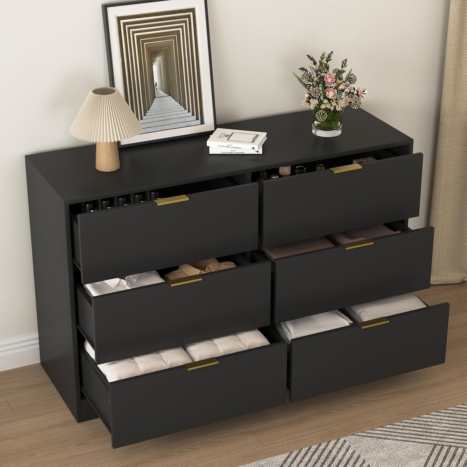 6 Drawers Dresser Storage Cabinet, 47'' Modern Chest of Drawers with Golden Handles, TV Console Stand Organizer with Slide Drawer Design for Bedroom, Living Room, Hallway, Entryway (Black)