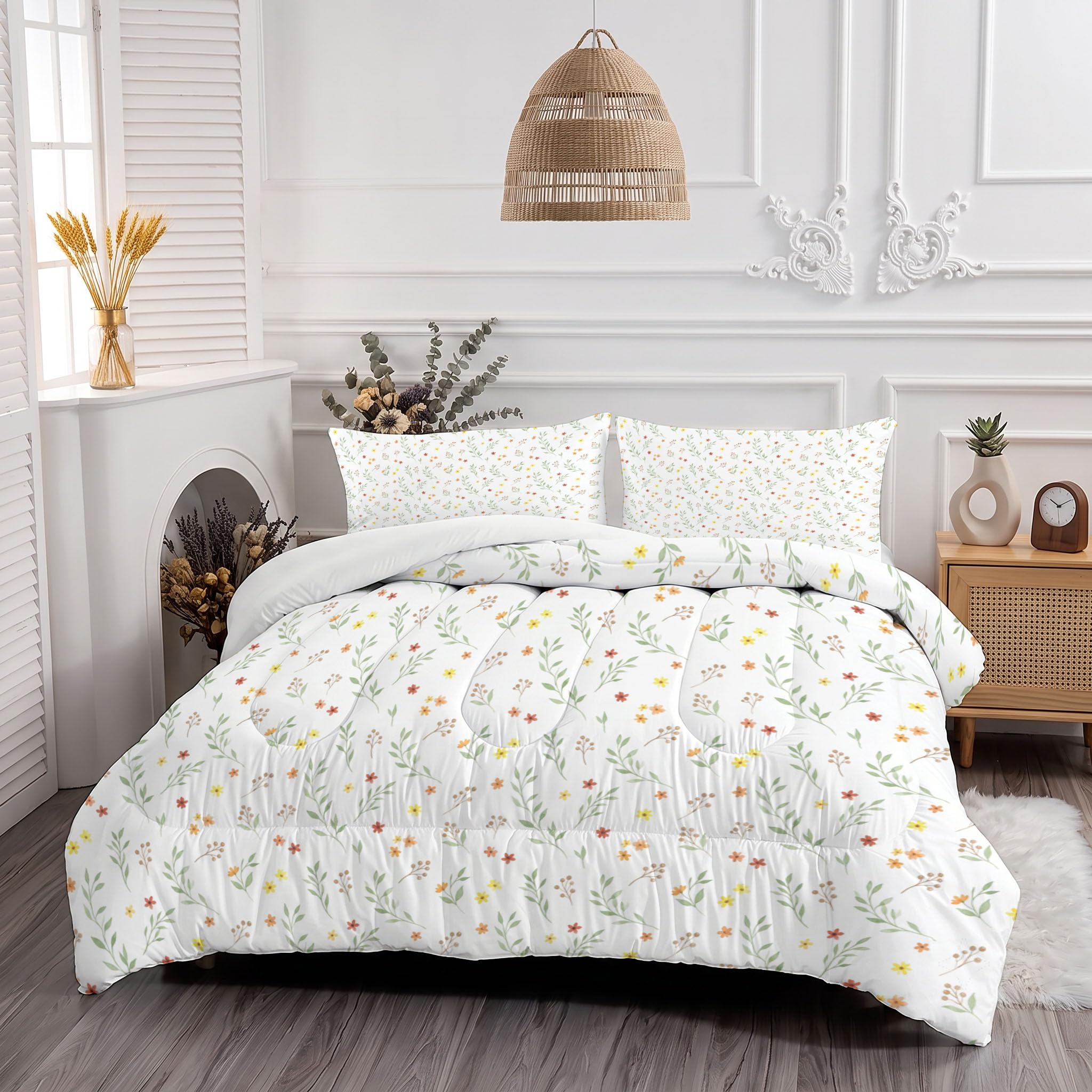 Trapunta Fiori Di Salvia Di Campagna, Piumino Matrimoniale 4 Stagioni | 240X220 Cm Con Federa 50X80, Piumone Leggero In Microfibra, Trapunta Reversibile Piante Fresche, Bianco