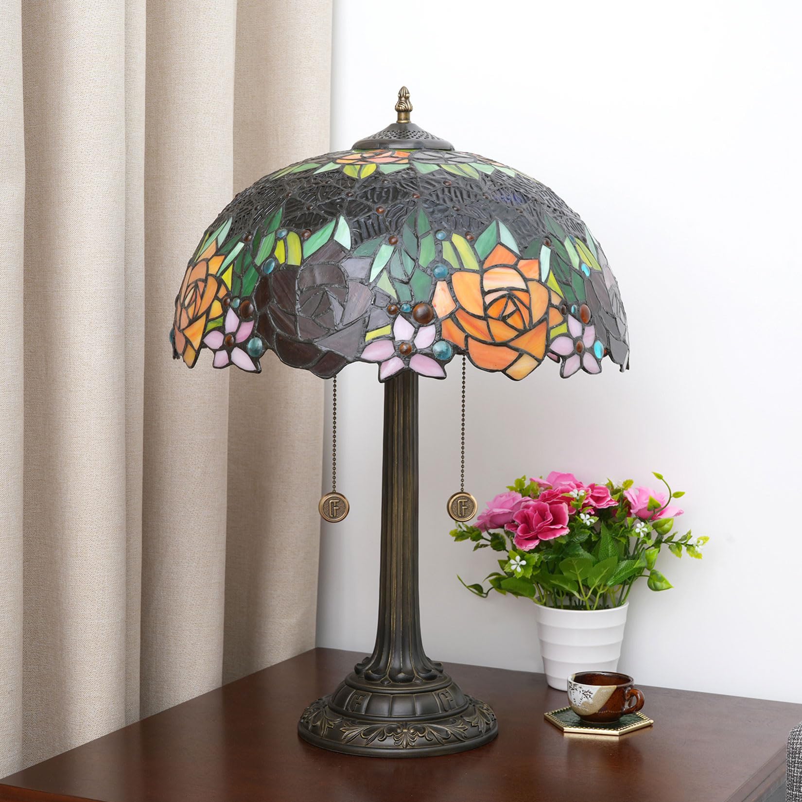 Witrażowa lampa stołowa ze sterowaniem dotykowym, 40 cm kwiat róży lampka do czytania do sypialni, salonu, domowego biura, oświetlenie komody