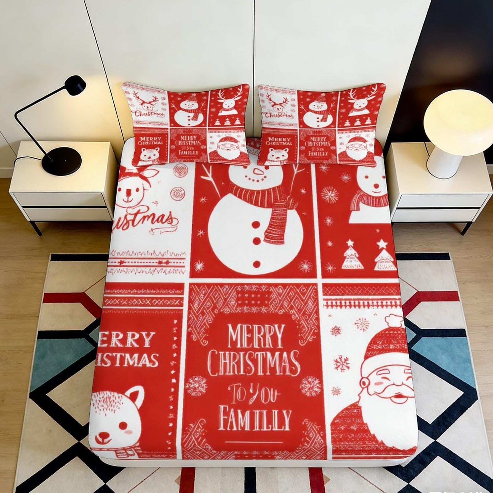 3D Printed Christmas Fitted Sheet Red Snowman Bed Cover Microfiber Soft Touch Wrinkle Resistant Apartment Bedding Guest Room Decor 120x200x25cm