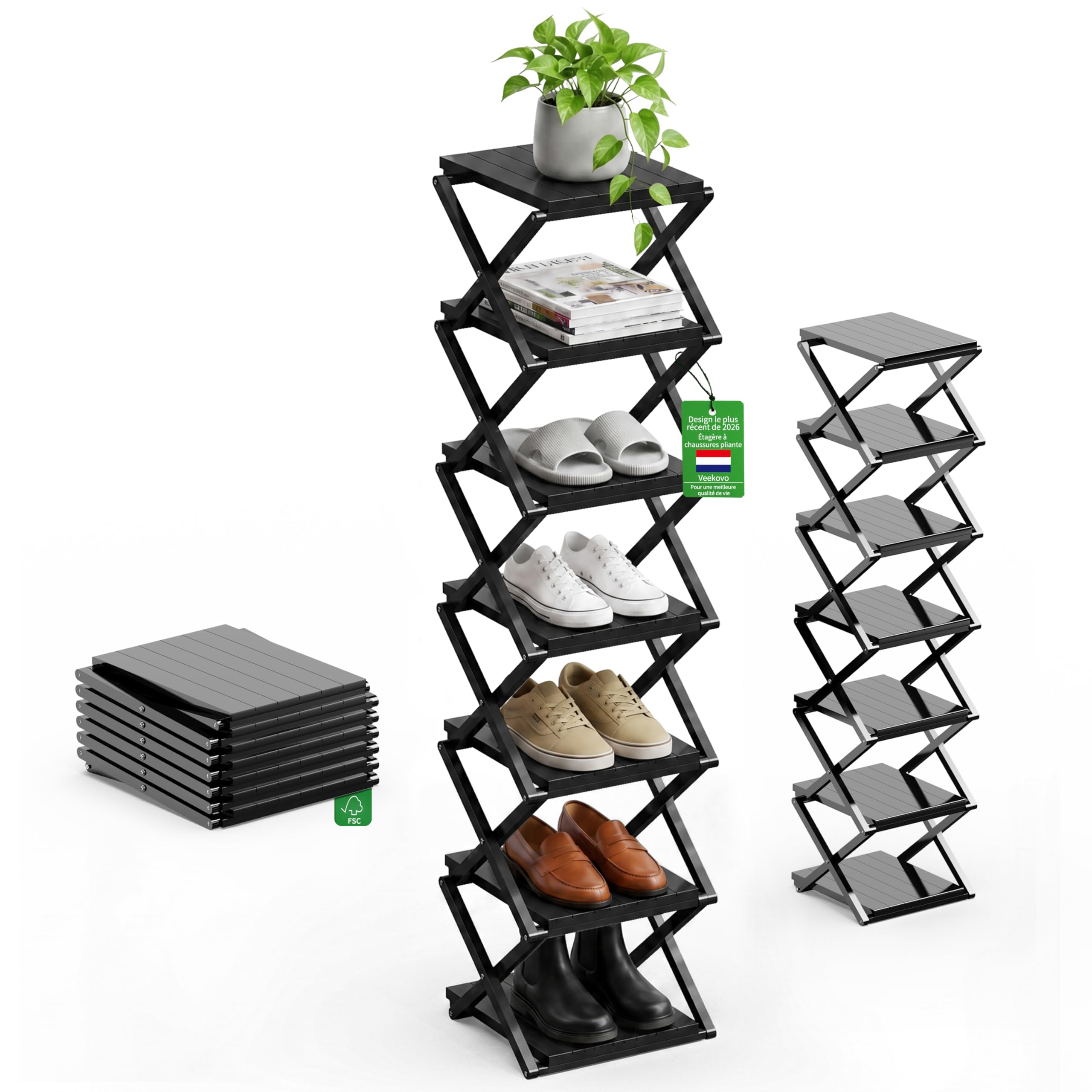 Étagère à chaussures pliable noire en bambou 7 couches pour rangement entrée