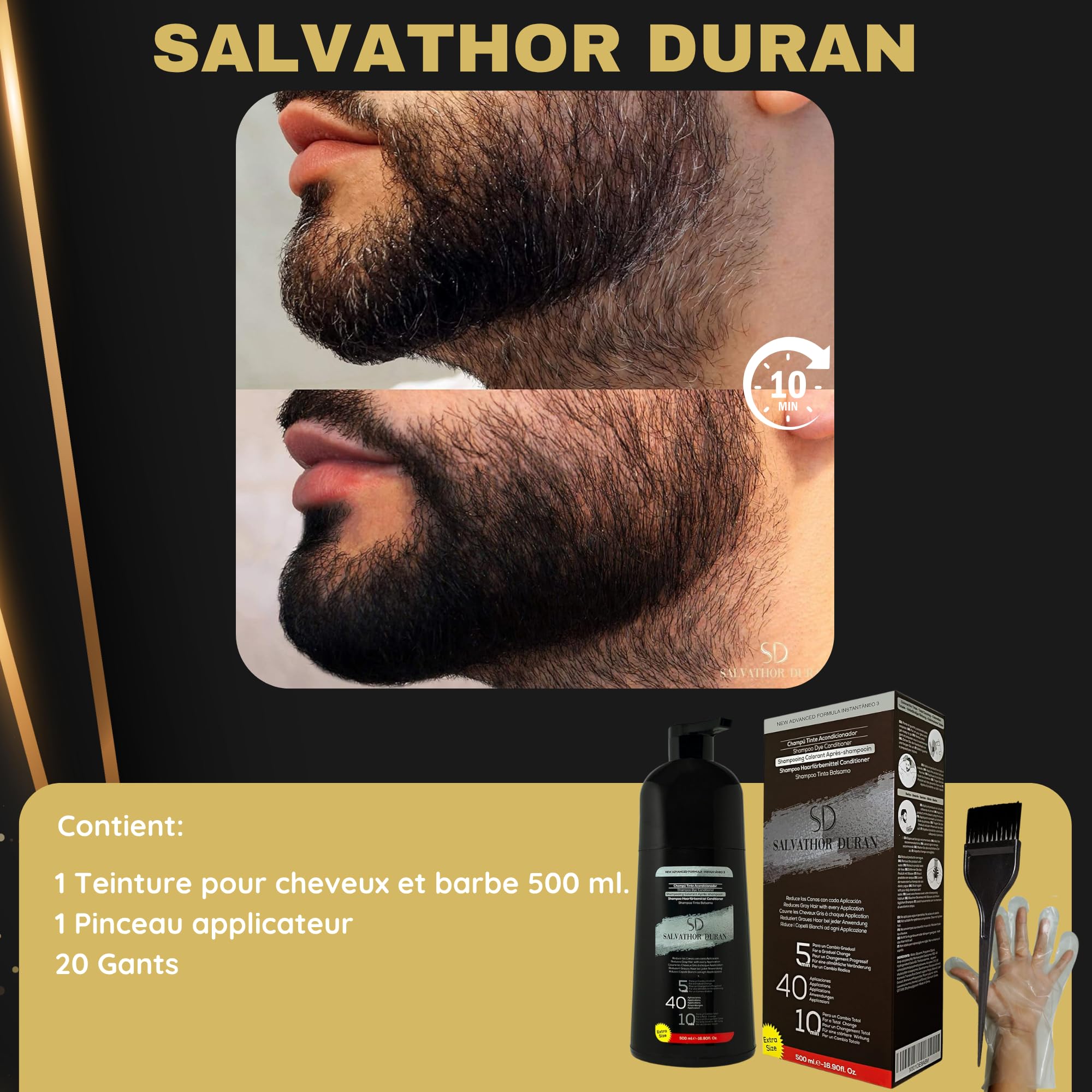 Shampoing Colorant - Teinture Barbe Homme - Teinture Barbe - Shampoing Colorant Noir - 40 Applications - Salvathor Duran - 500 ml