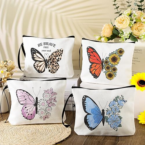 Miniatura 3 de Cunno 4 bolsas de maquillaje de mariposa para mujer, de lona, cosméticos, flores de mariposa, regalos para niñas, bolso de lona de cumpleaños,