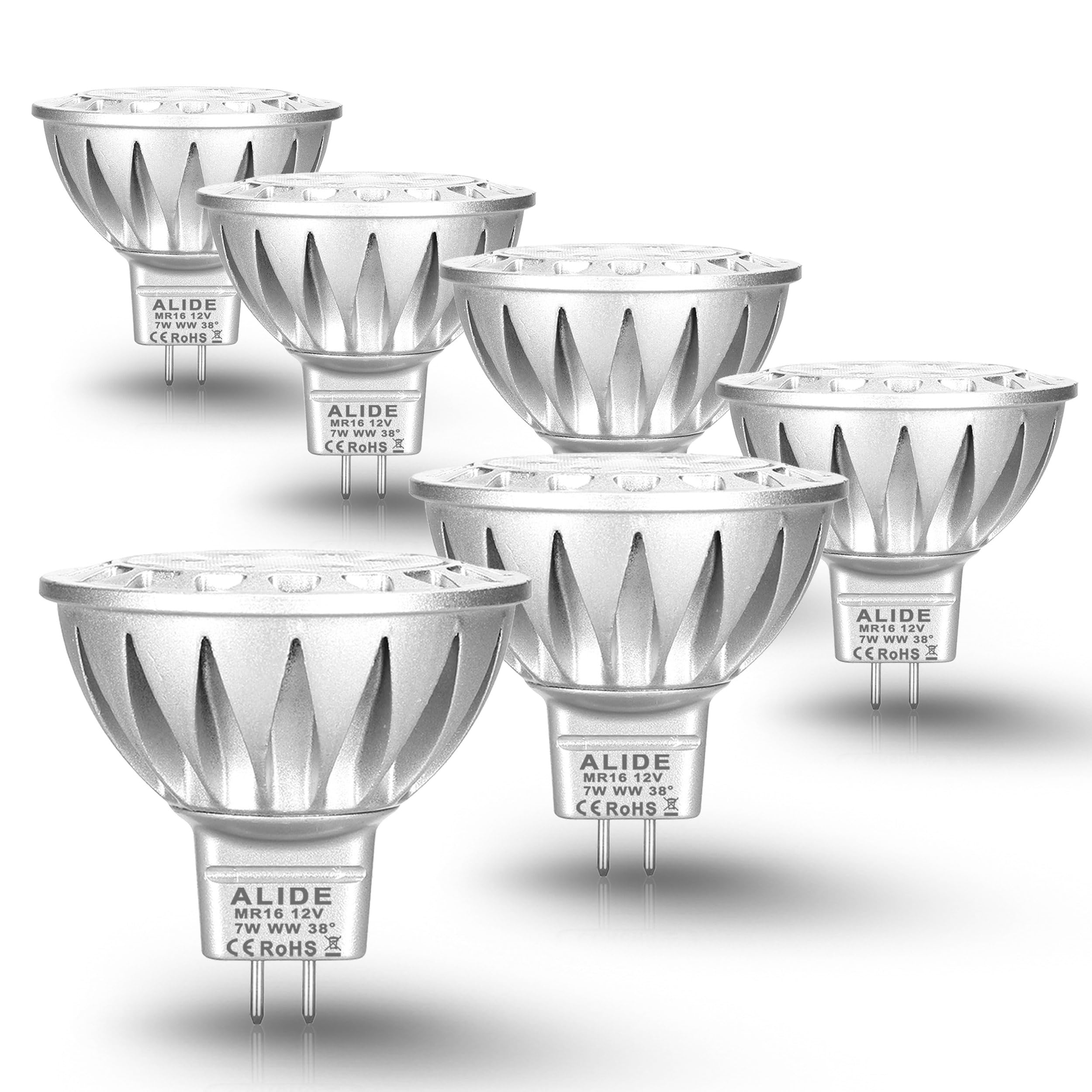 ALIDE MR16 7W Led Bulbs Replace 50W 75W Halogen, GU5.3 MR16 2700K Warm White,12V Low Voltage MR16 Bulb Spotlight for Outdoor Landscape Flood Track
