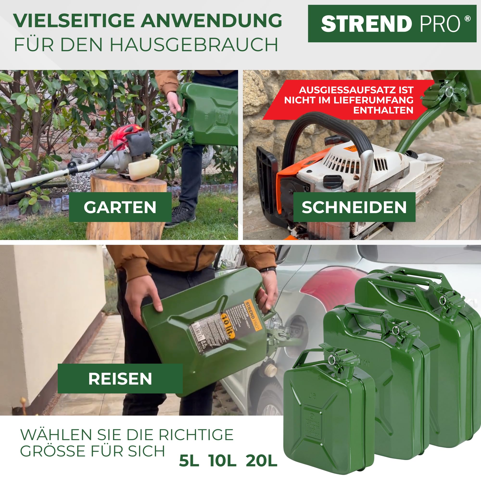 STREND PRO Benzinkanister 20l Metall | Robuster Kanister 20 liter für Benzin & Diesel | Kraftstoffkanister | Dieselkanister für Reserve | Kombikanister motorsäge | Grün mit UN-Zulassung | Benzintank