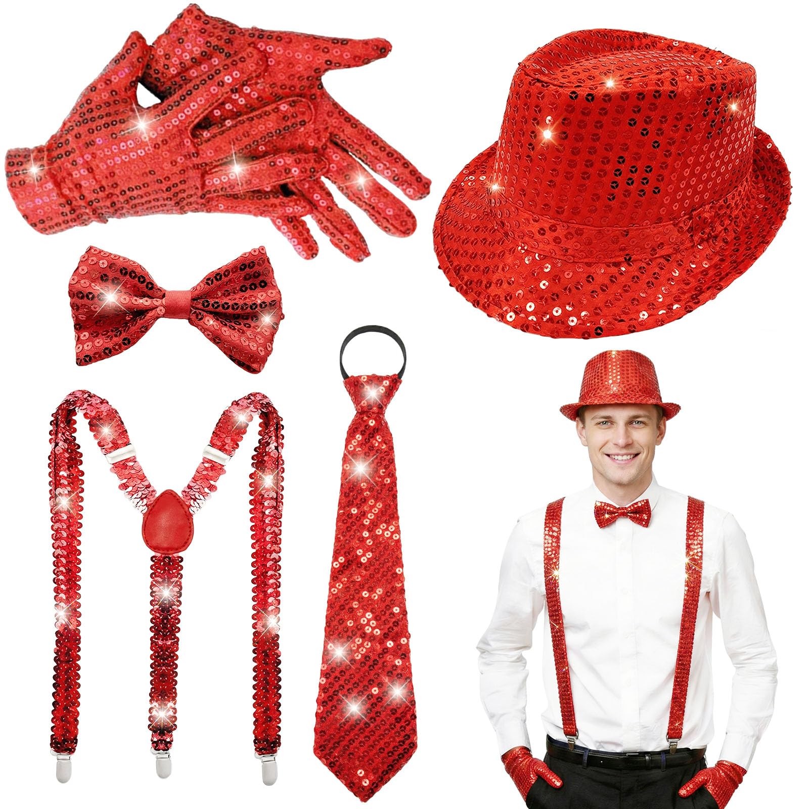 ELECLAND 6 Pieces 1970s Men Disco Accessories Set for Party Halloween Cosplay Hat Bow Tie Gloves Necktie Suspenders (Red)