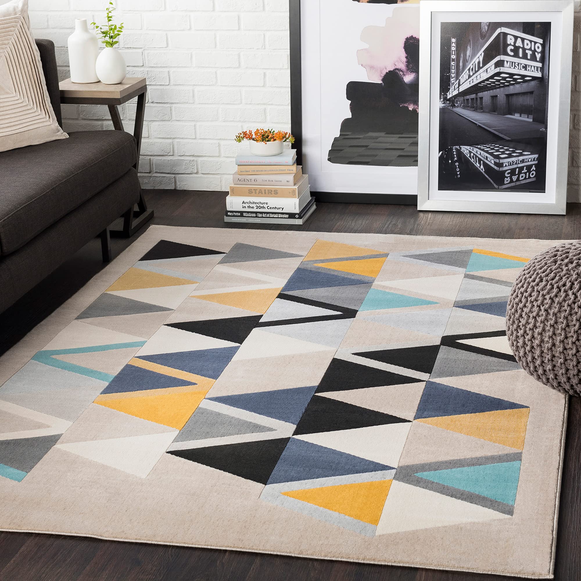 Livabliss Delaney Marietta Geometric Scandi Style Floor Covering 160x220 cm – Neutral Abstract Boho Pattern for Living Room, Dining & Kitchen, Easy Care, Beige, Yellow & Blue