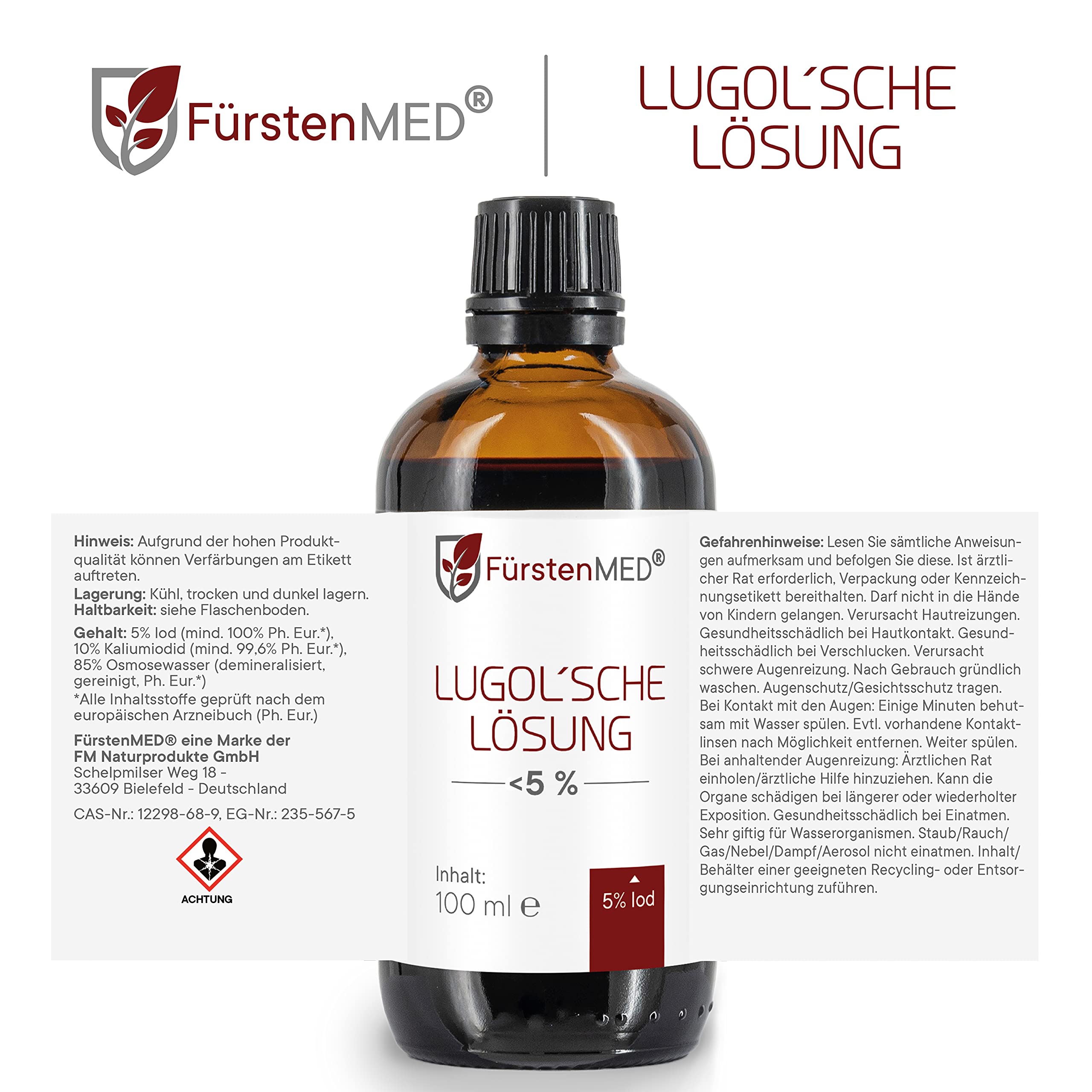 FürstenMED® Lugolsche Lösung 5% Jodlösung, 100 ml (Iodine) Jod Tropfen in lichtgeschützter Braunglasflasche mit Tropfpipette - 5 Prozent Jod flüssig & Ohne unerwünschte Zusatzstoffe