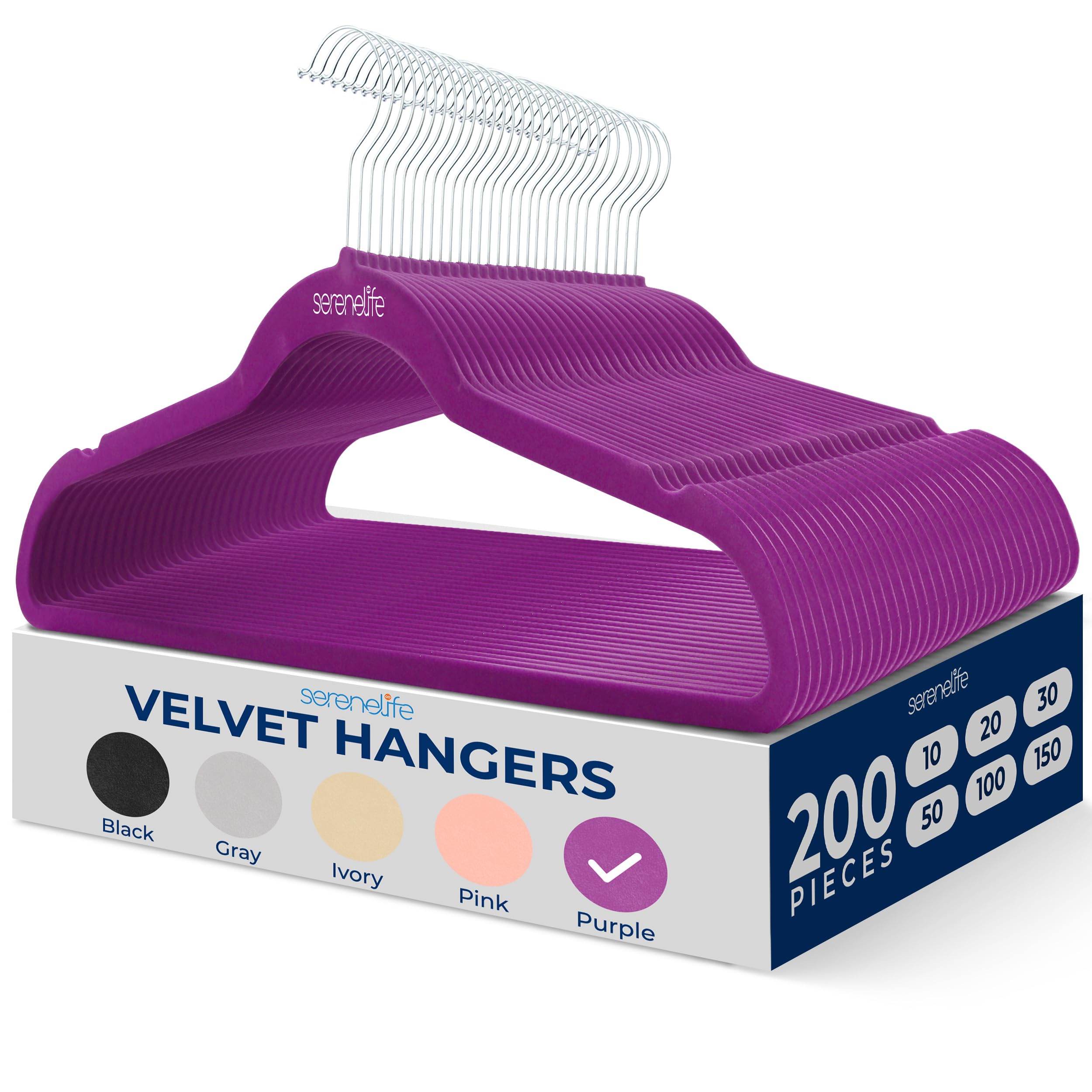 serenelife 200 pack velvet hangers - non-slip felt hangers with 360° swivel hook, space-saving, ultra-thin, lightweight for shirts, sweaters, hoodies, kids clothes & dresses