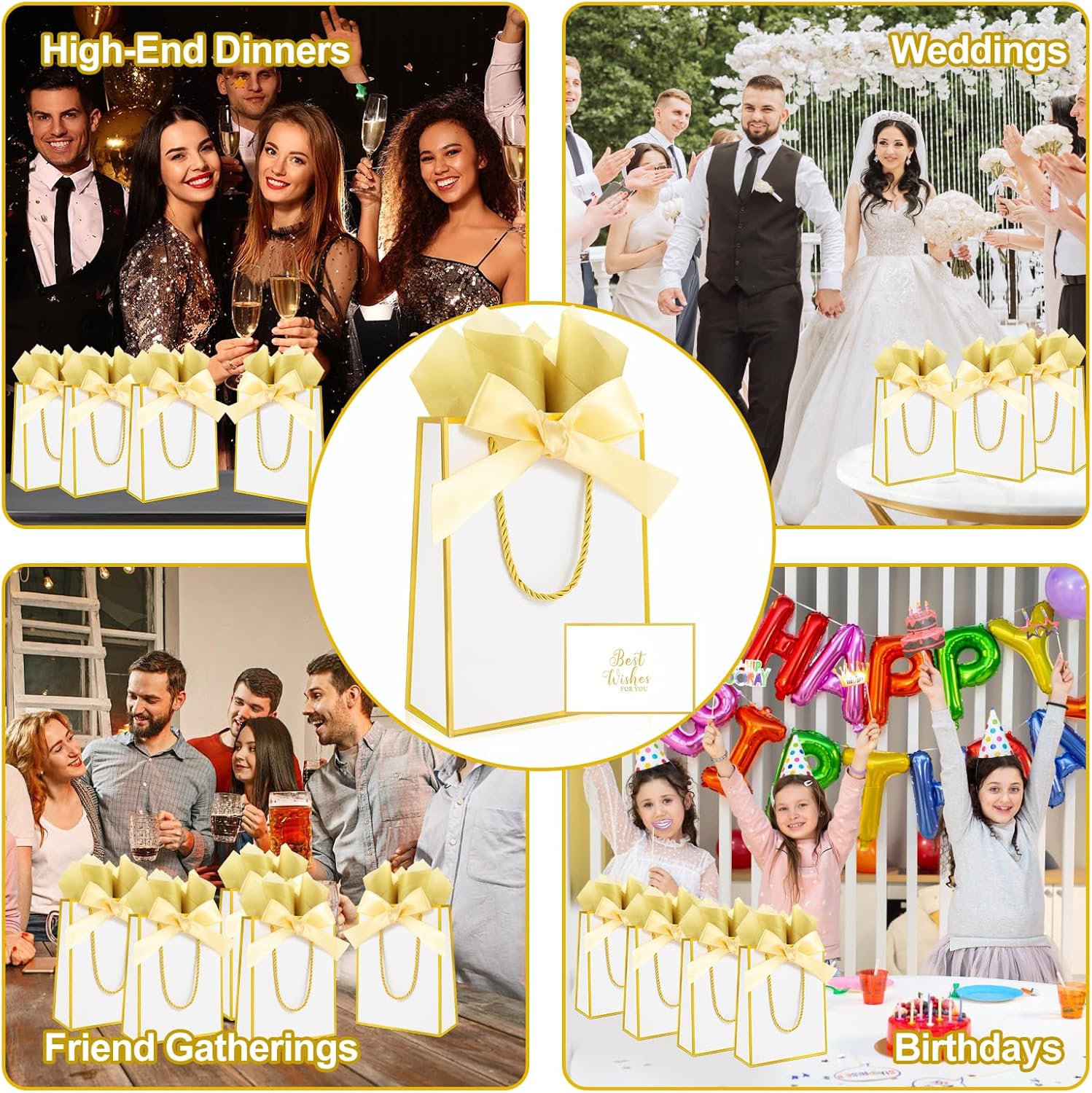 Ethhqu 12 Pack Small Gift Bags with Handles Include Tissue Papers & Cards, 9x7x3.15'' Thank You Gift Bags for Birthday, Baby Shower, Wedding, Bridesmaids, Anniversary (White and Gold) - Image 4