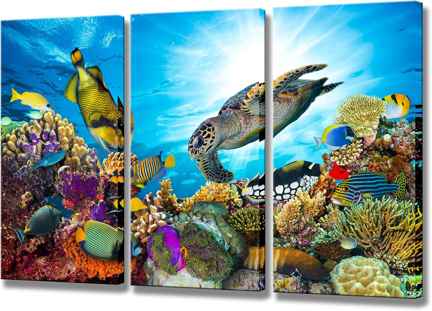 3 Piece Ocean Canvas Wall Art Painting Underwater Sea Turtle and Tropical Fish Poster Prints Seascape Wall Decor Printed on Canvas Living Room Home Decoration Ready to Hang 16"x32"x3panel
