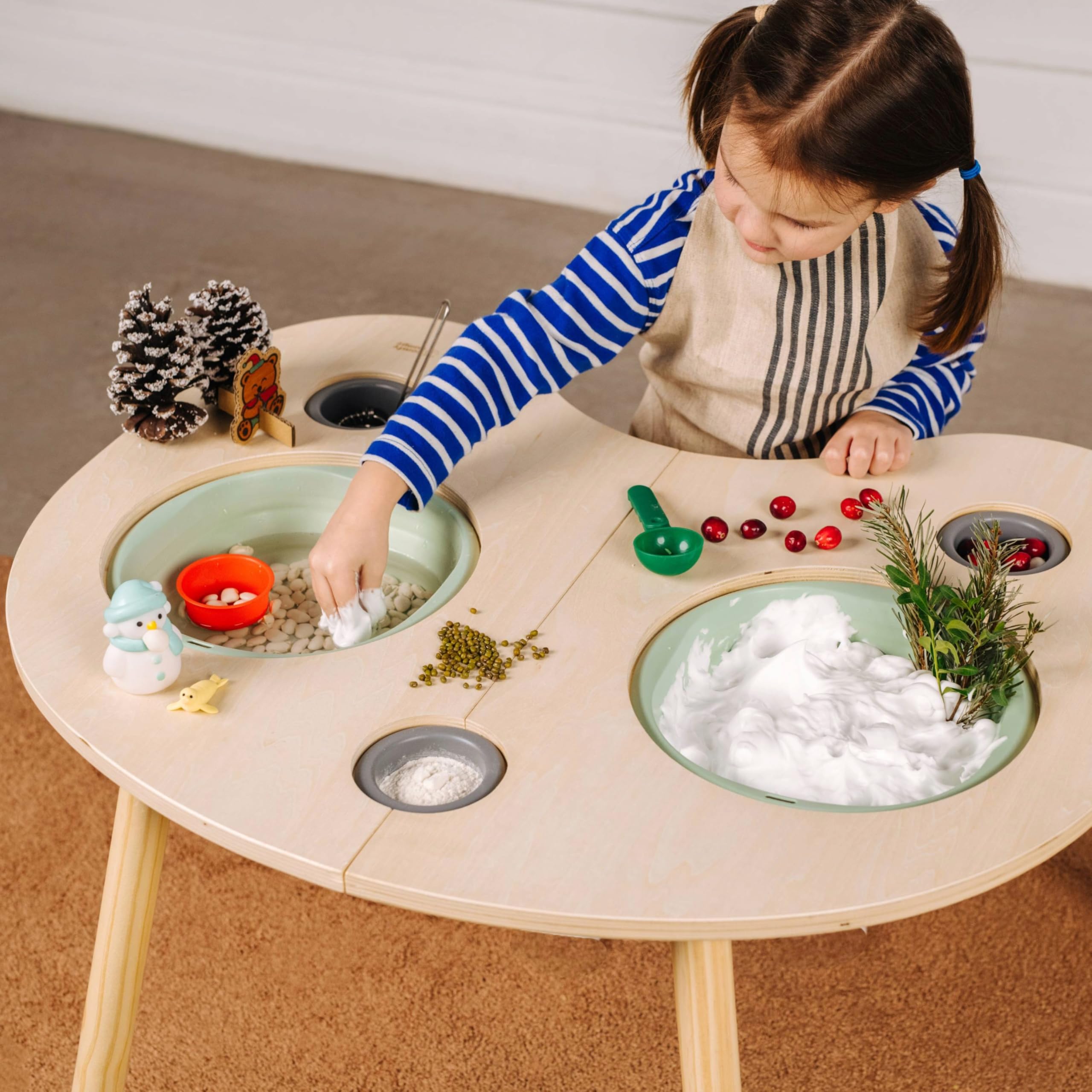 comfybumpy montessori sensory table for toddlers – multi-play wooden activity table with 5 bins & lids for sand, water & toys | easy-to-clean premium wood with angled legs for sturdiness