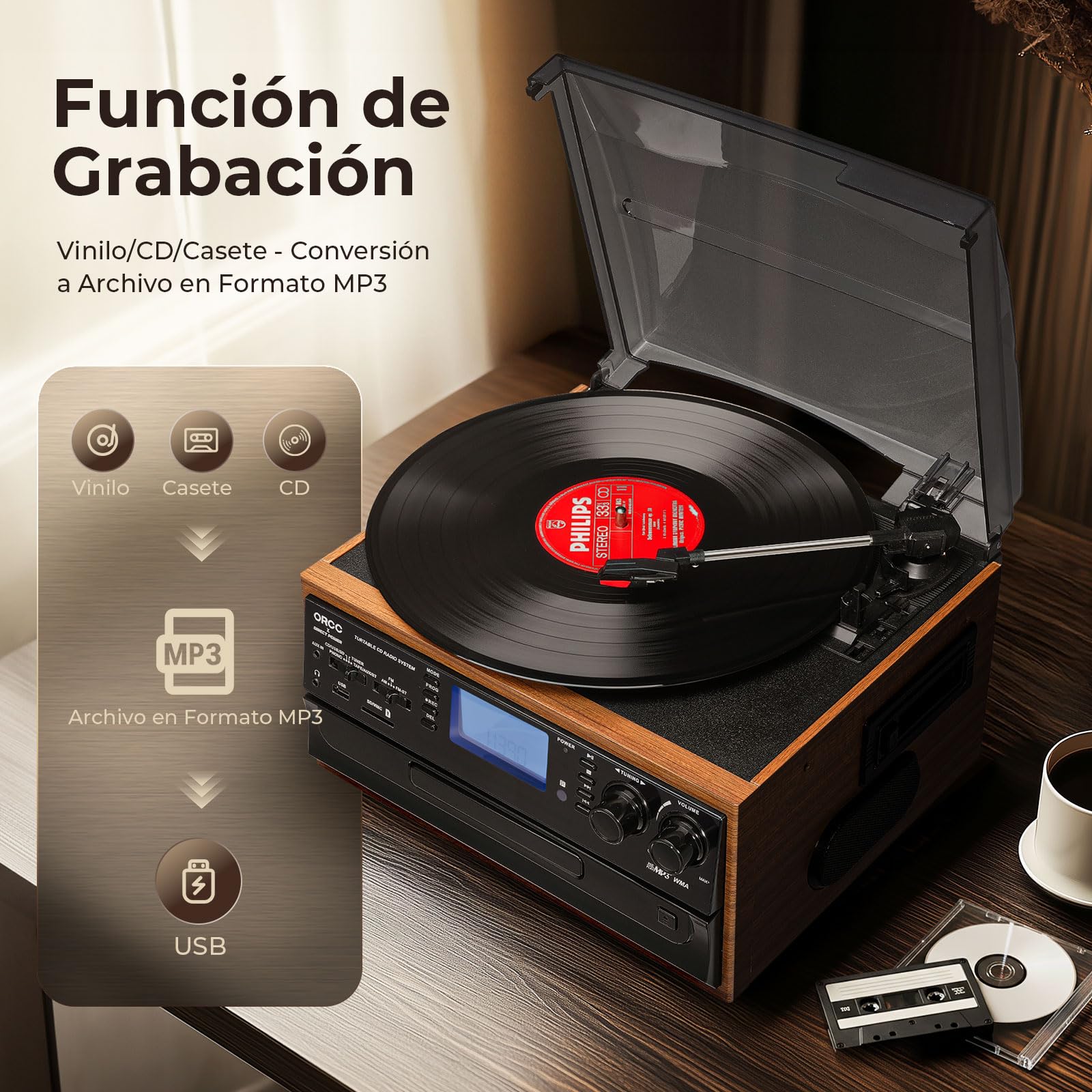 ORCC Tocadiscos Bluetooth 10 en 1 para discos de vinilo con altavoz, casete de CD de vinilo AUX a MP3 USB/SD codificación convertido, radio, conector de auriculares, RCA, control remoto