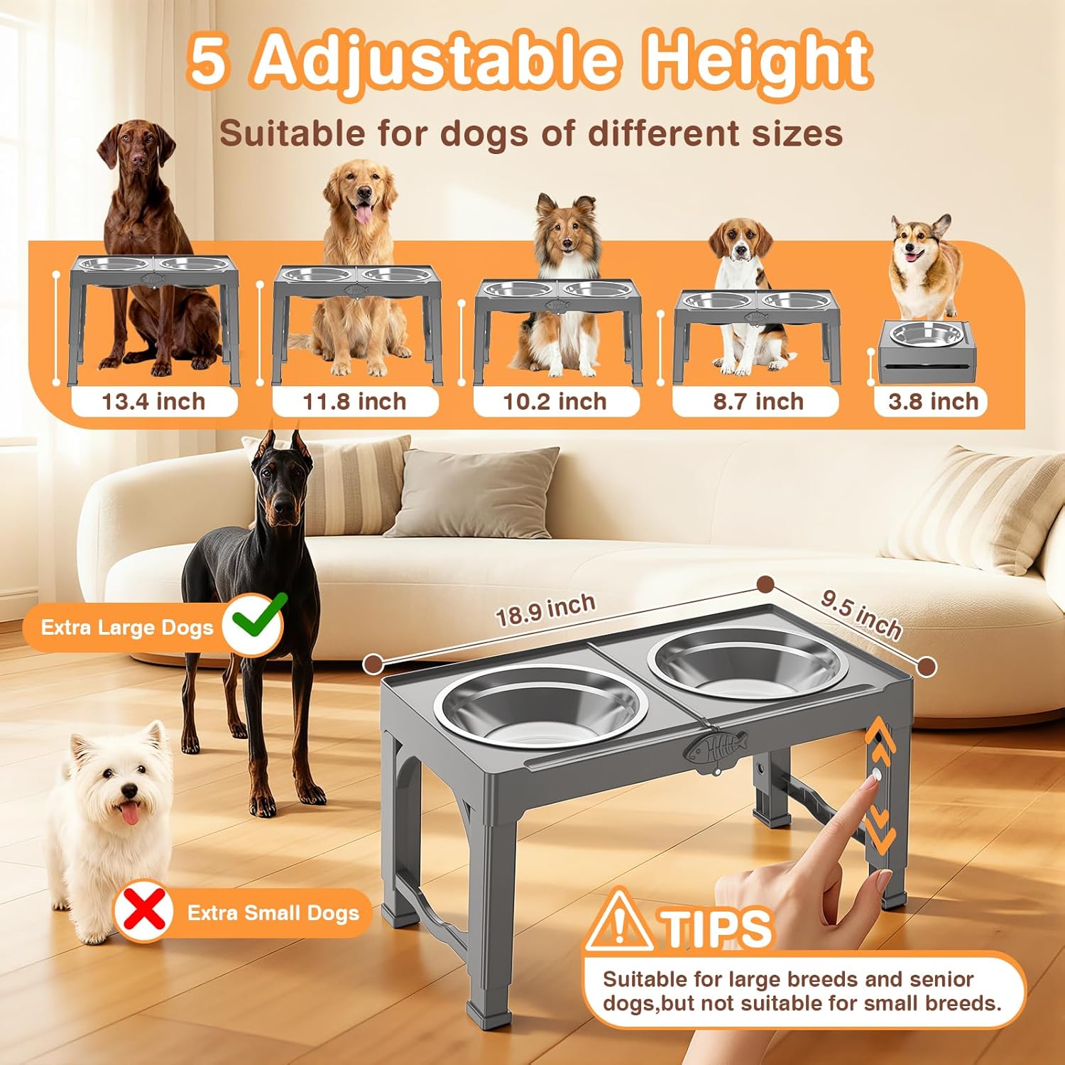 Elevated Dog Bowls Stand with 5 Heights from 3.8" to 13.4", Raised Dog Bowl Suitable for Medium & Large Sized Dogs, Adjustable Pet Food Stand with 2 Stainless Steel Bowls, Foldable Feeder (Grey)