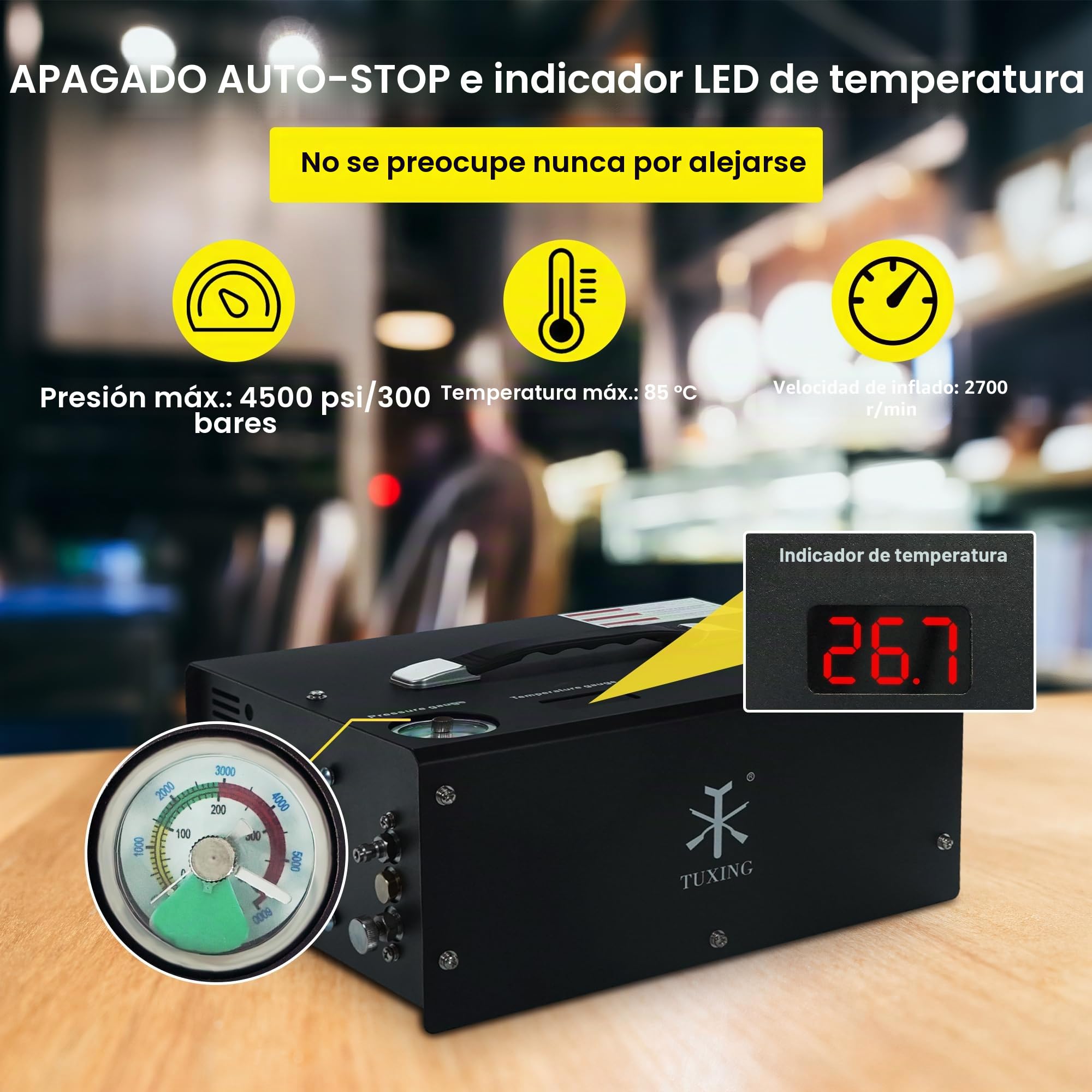 TUXING Compresor de aire PCP portátil, 4500 psi/30 Mpa, parada automática, convertidor integrado alimentado por coche 12 V CC o hogar 110 V CA, compresor de tanque de paintball con separador de aceite