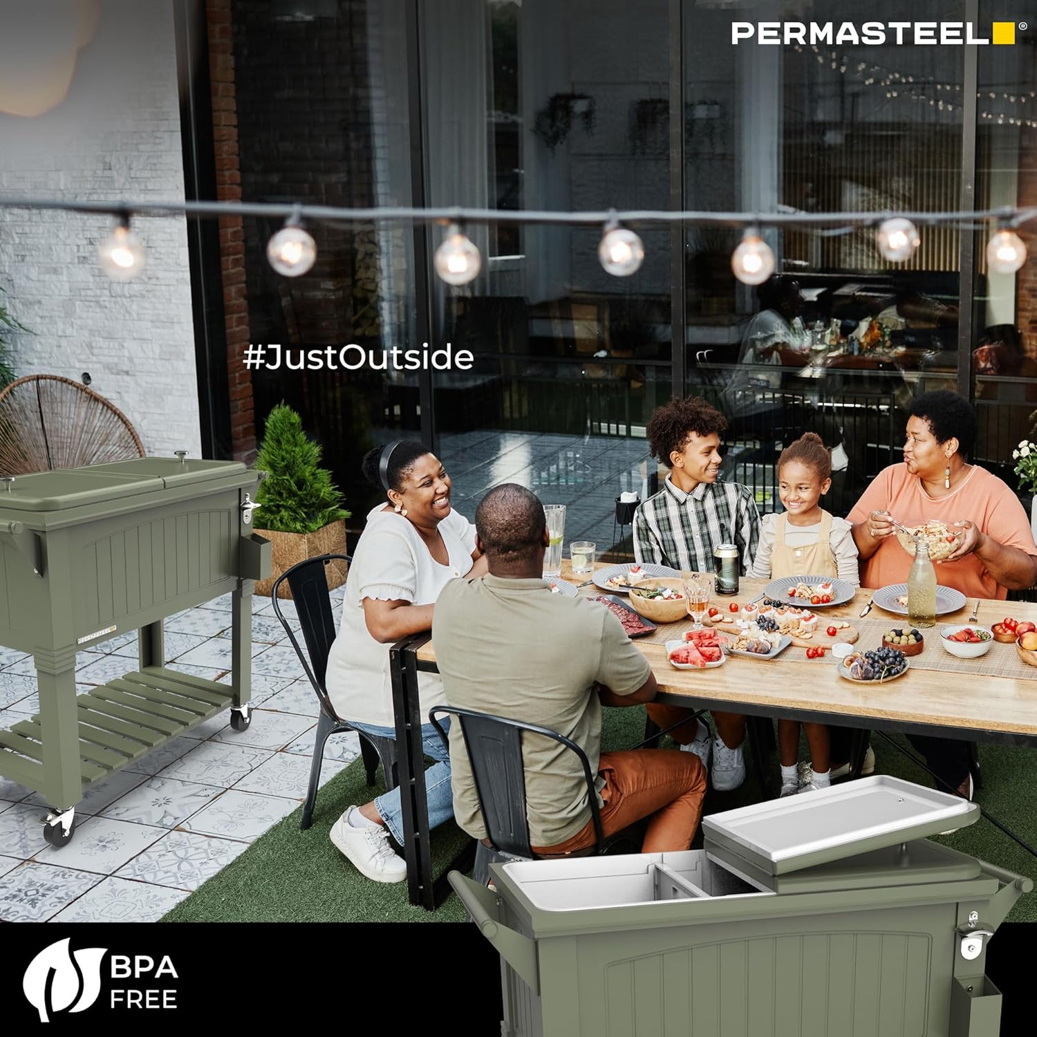 Permasteel Party Cooler with Divider, Spacious 80-Qt Capacity, Chills 36hrs, Serving Tray, Rolling Ice Chest for Indoor and Outdoor Entertainment, Matte Green