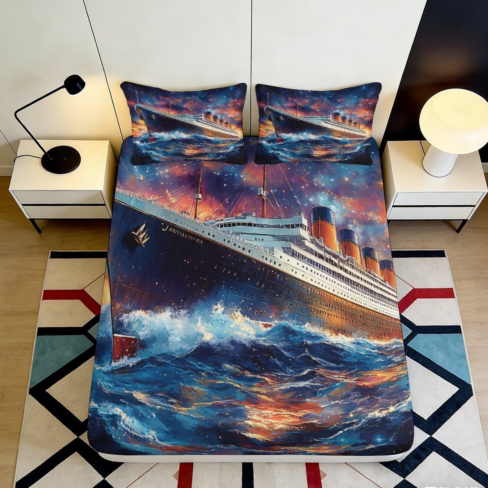 3D Printed Ocean Night Fitted Sheet Microfiber Soft Cruise Ship Bed Cover for Bedroom Dorm Mattress Protection Decor 90x200x25cm