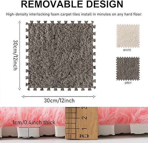 Miniatura 3 de Tapete de espuma de felpa gruesa que se entrelaza, 24 piezas de 12 x 12 pulgadas, tapetes cuadrados esponjosos de espuma con bordes, alfombra de