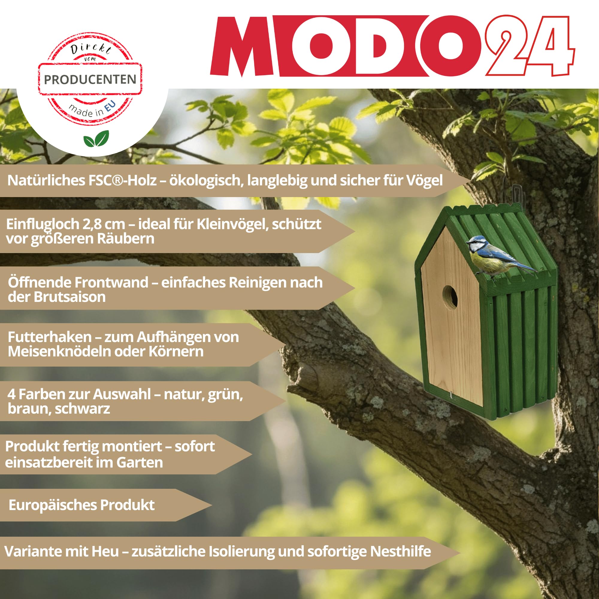 Meisen Nistkasten aus FSC® Holz mit 2,8 cm Einflugloch und mit Heu, Vogelhaus Blaumeisen & Kleinvögel, Brutkasten mit Reinigungsklappe, Futterhaken für Garten, Balkon, 26×15×12 cm, Schwarz