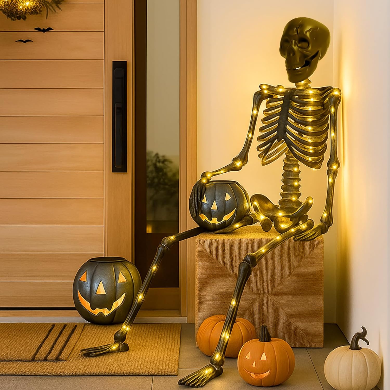 2 Pack Halloween Light up Black Skeleton 36 Inch Posable Black Halloween Indoor Outdoor Skeleton with Realistic Movable Joints for Porch Home Yard Decor