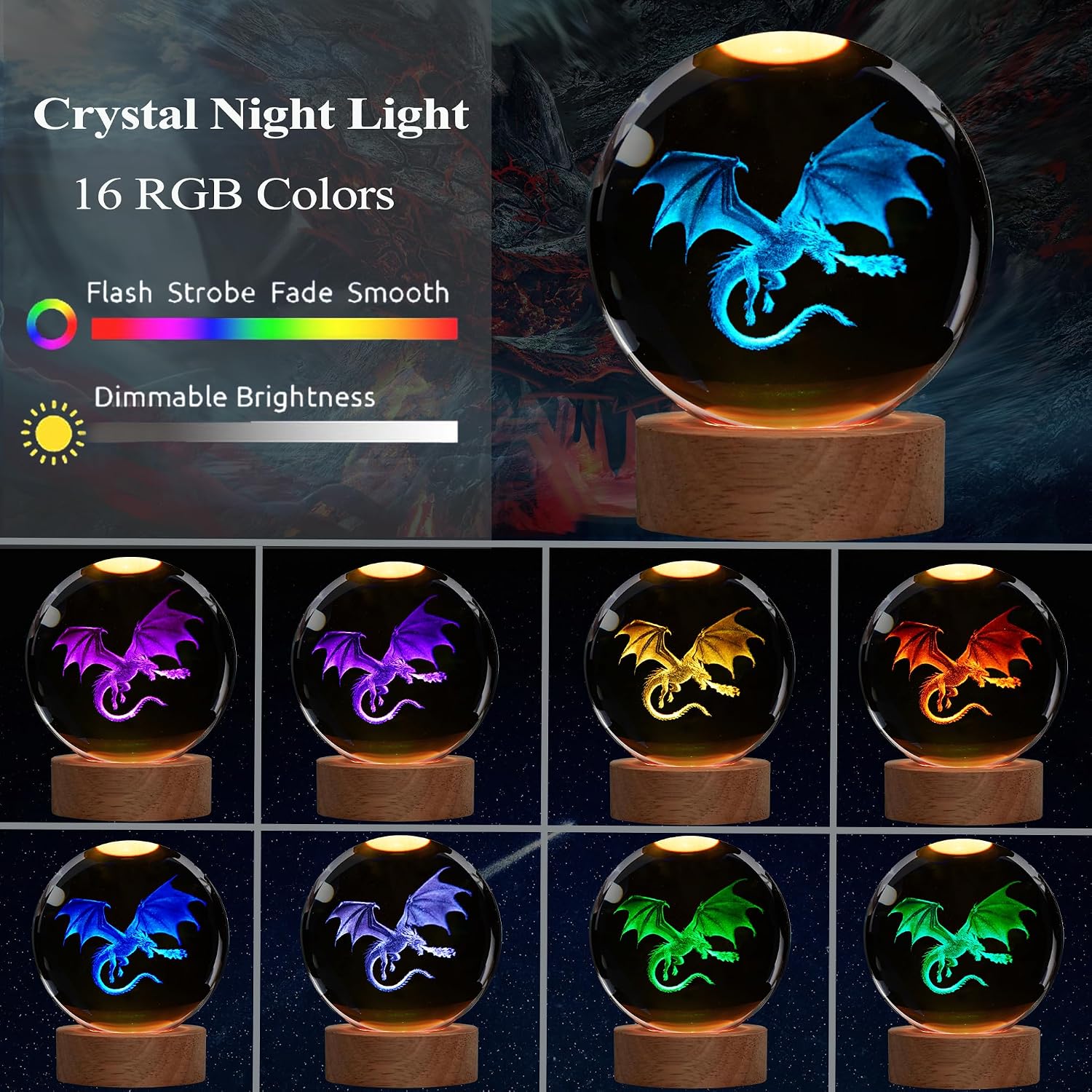 Dragon Night Light, 3.15 Inch (80mm) K9 Crystal 3D Lamp with Remote 16 Color for Birthday Xmas Cool Figurines Dragon Gifts for Room Decor Boys Girls