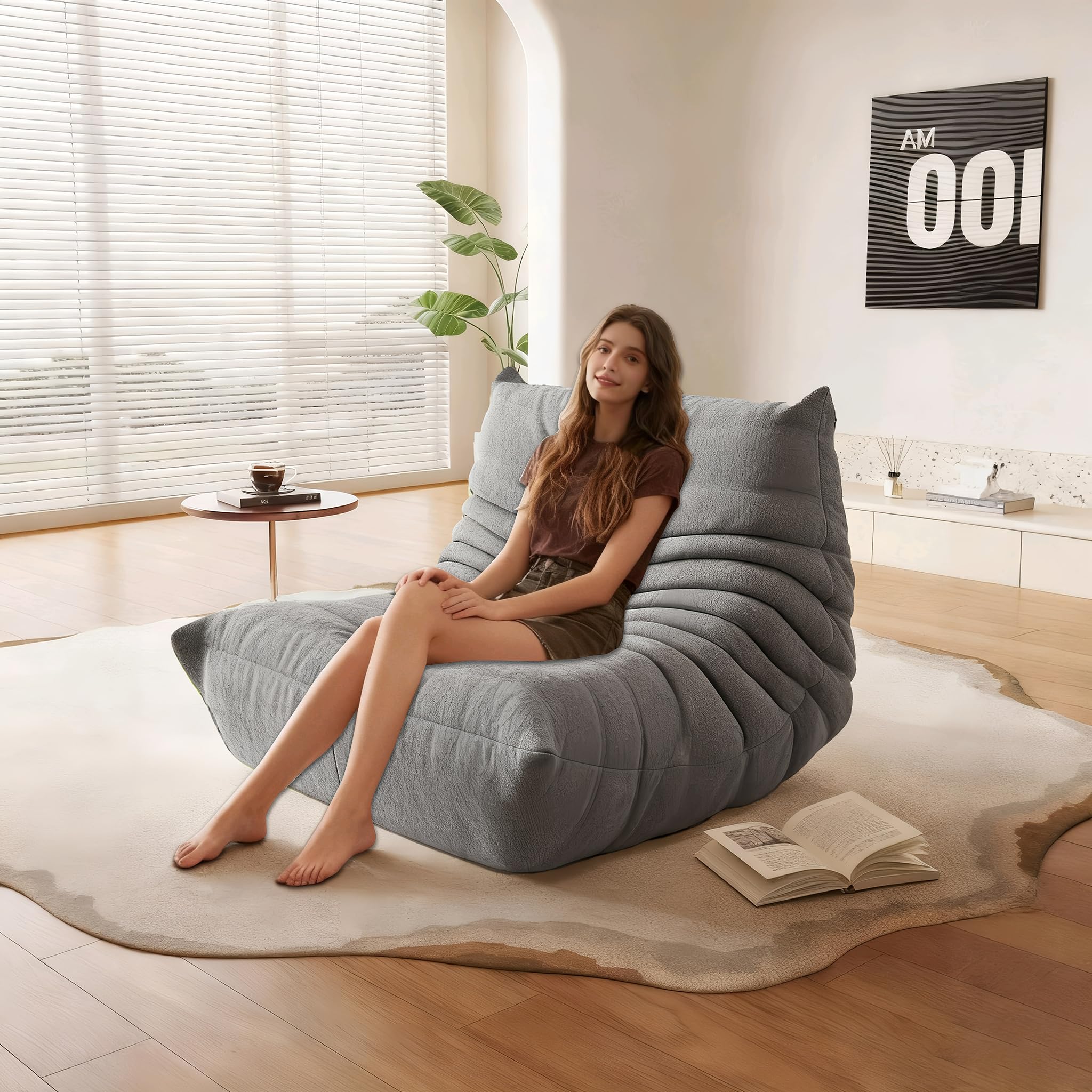 Adult Bean Bag Chair Memory Sponge Bean Bag Chair, Bean Bag Sofa with Filler, Artificial Fur Stove Bean Bag LazySofa Living Room Bedroom Office (White Plush, Single) (Grey)