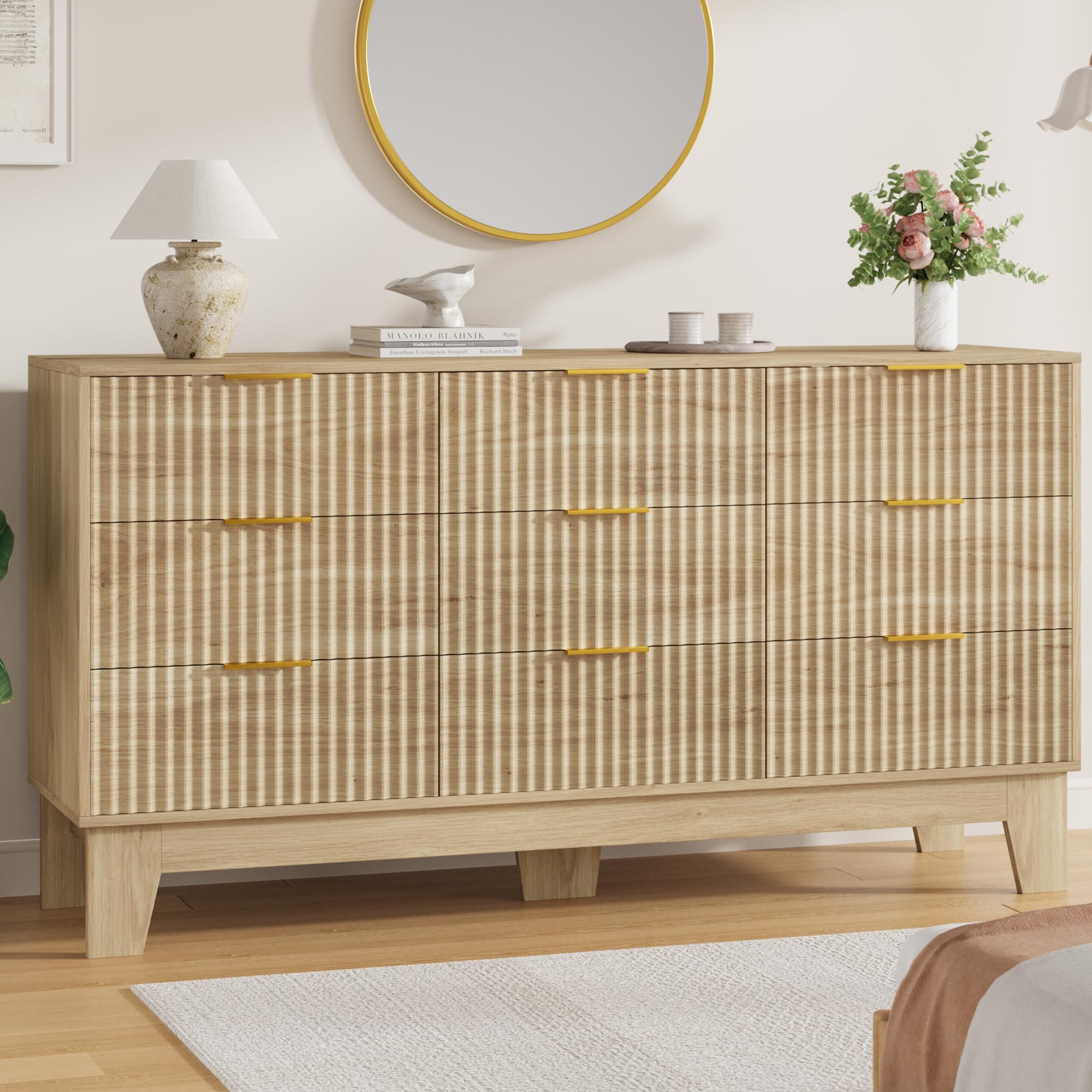 Garvee 9 Drawer Dresser for Bedroom, 59" Wide Fluted Chest of Drawers, Oak