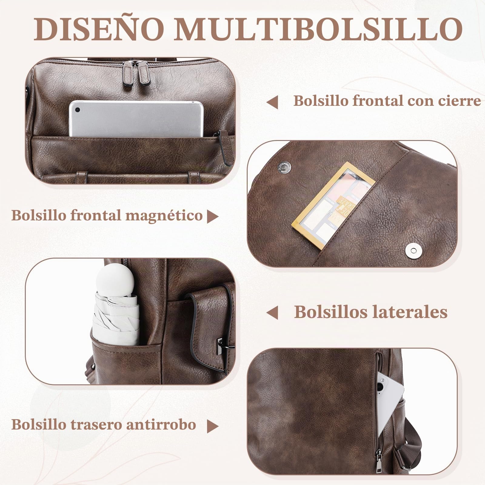 Mochila Viaje Mujer, Bolso Mochila de Cuero PU Mochila Antirrobo de Moda Bolso Convertible Impermeable Mochila Universidad Grande con Cartera para Shopper Esculea Trabajo, Café