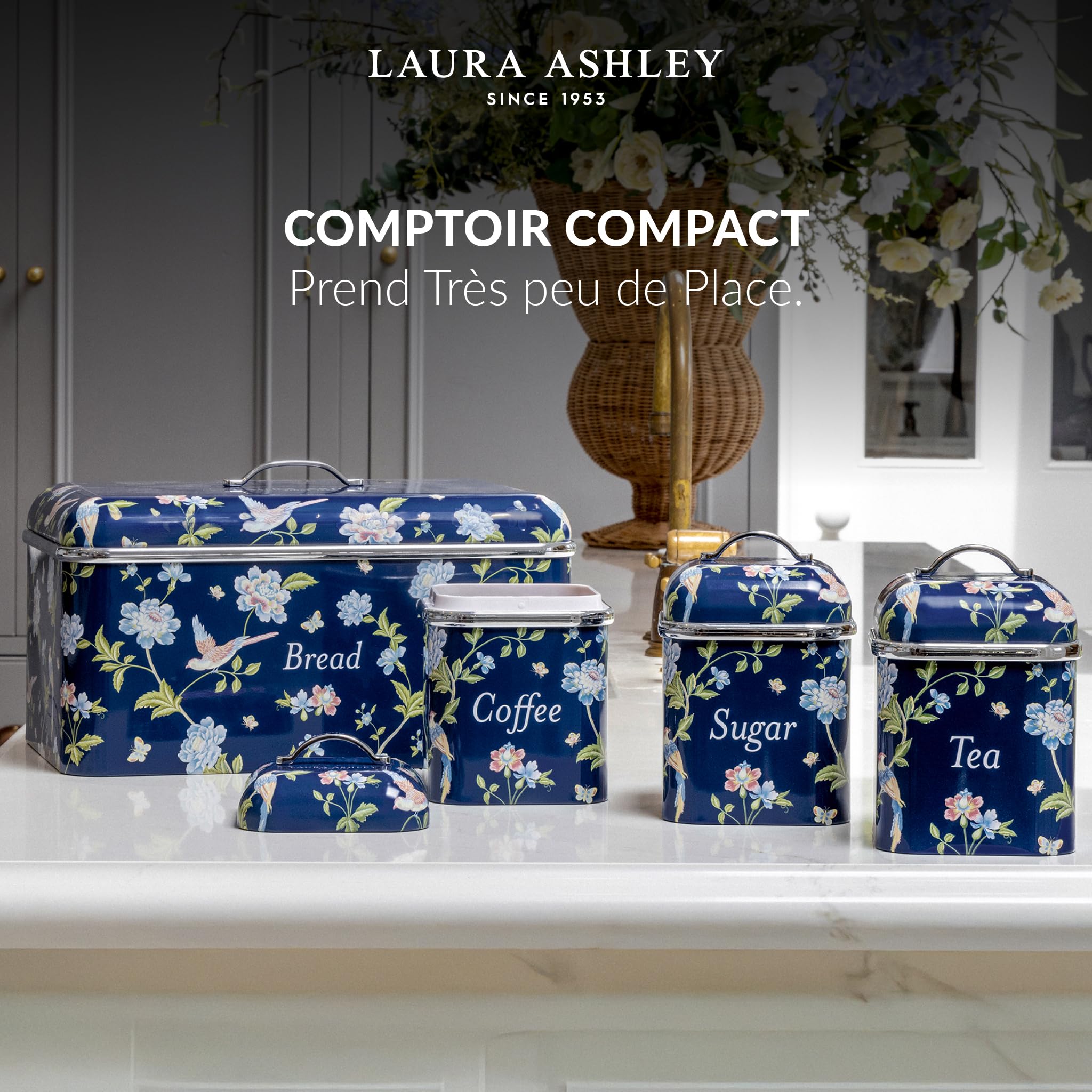 VQ Ensemble de 3 bocaux de rangement pour thé, café et sucre Laura Ashley, motif marin Elveden, élégante boîte de rangement en fer-blanc avec couvercle (Marine Elveden)