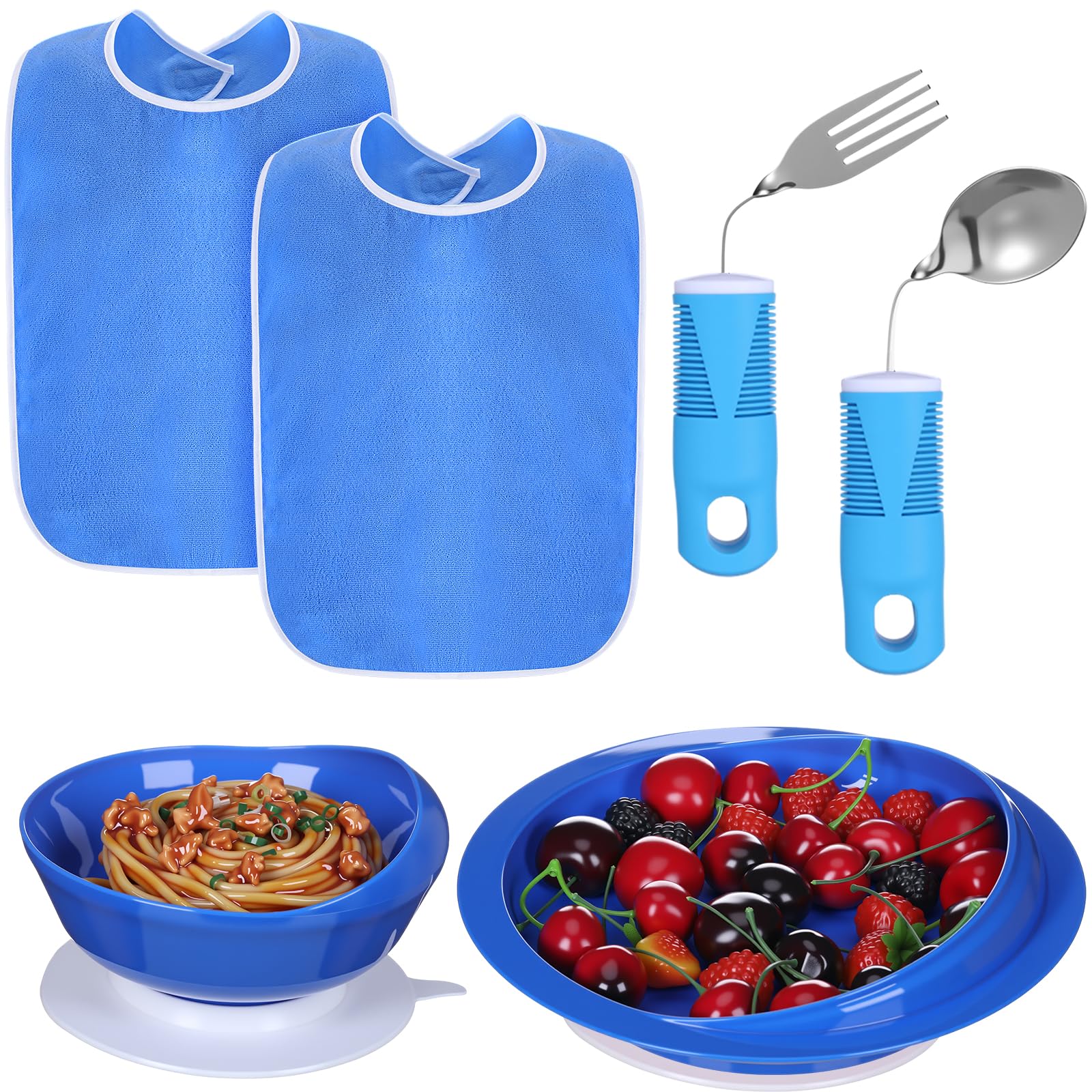 6 Pcs Adaptive Utensil with Bib Bowl Plate Set for Elderly Parkinson