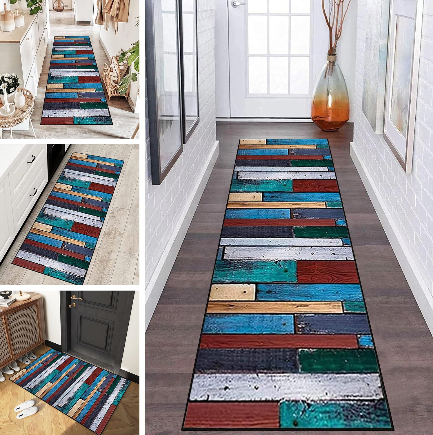 Teppich Läufer Flur Teppichläufer Küchenläufer Küche Teppiche rutschfest Waschbar Bettvorleger für Flur Waschküche, 120x400cm Blaue rote grüne Retro Holzplatte