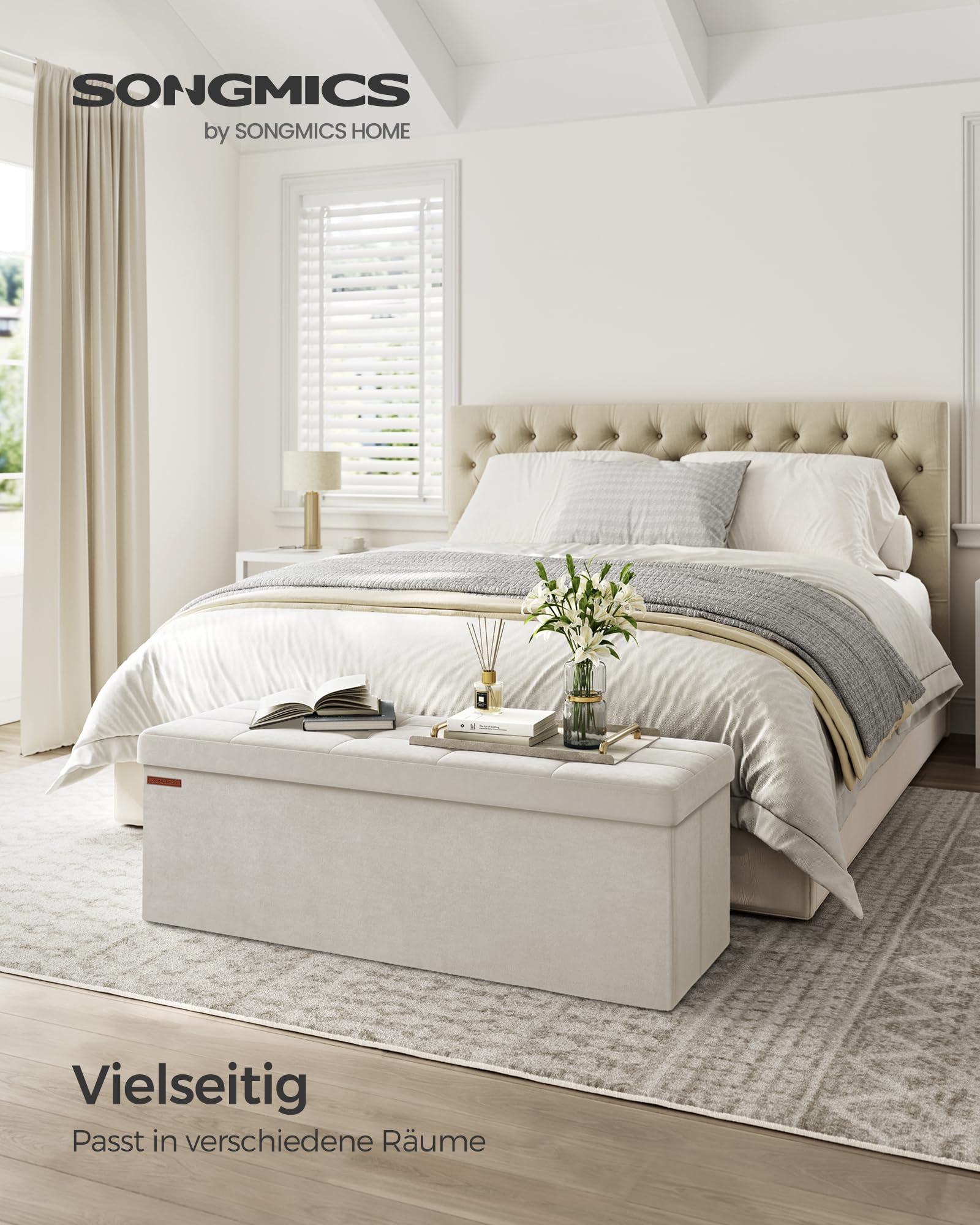 SONGMICS Sitzhocker mit Stauraum, klappbare Sitzbank, 38 x 110 x 38 cm Fußbank, Aufbewahrungsbox, bis 300 kg belastbar, für Wohnzimmer Schlafzimmer Flur, cremeweiß LSF277W01