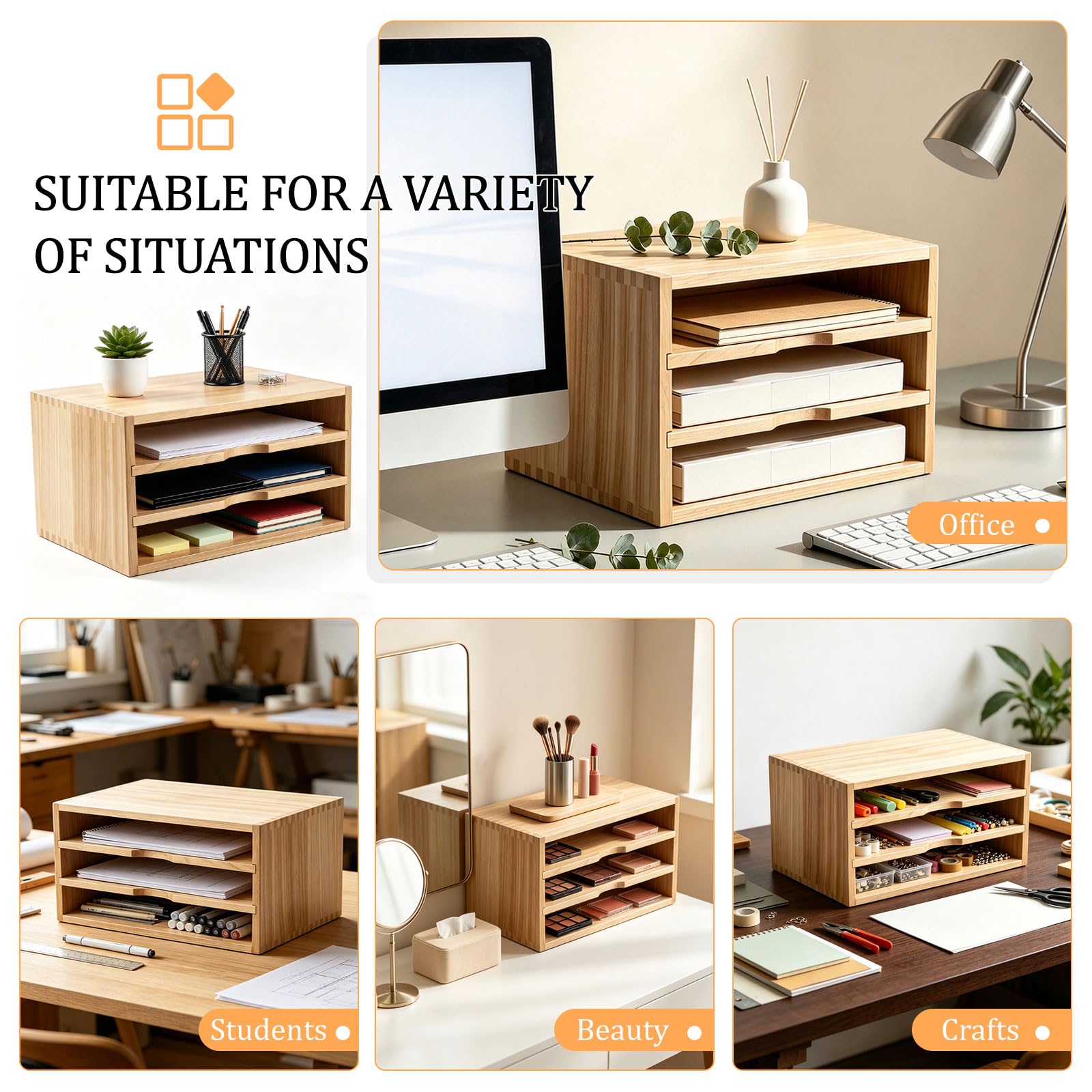 1 PCS Ablage Schreibtisch holz 35×24×18CM, Papierablage Schreibtisch, Dokumentenablage A4 3 Fächer Holz, Desktop Organizer Aktenordner, Schreibtischablage A4, Natürliche Holzfarbe